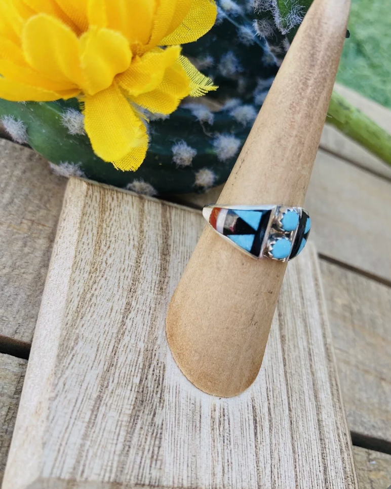 Handcrafted Sterling Silver & Multi Stone Inlay Ring Size 5