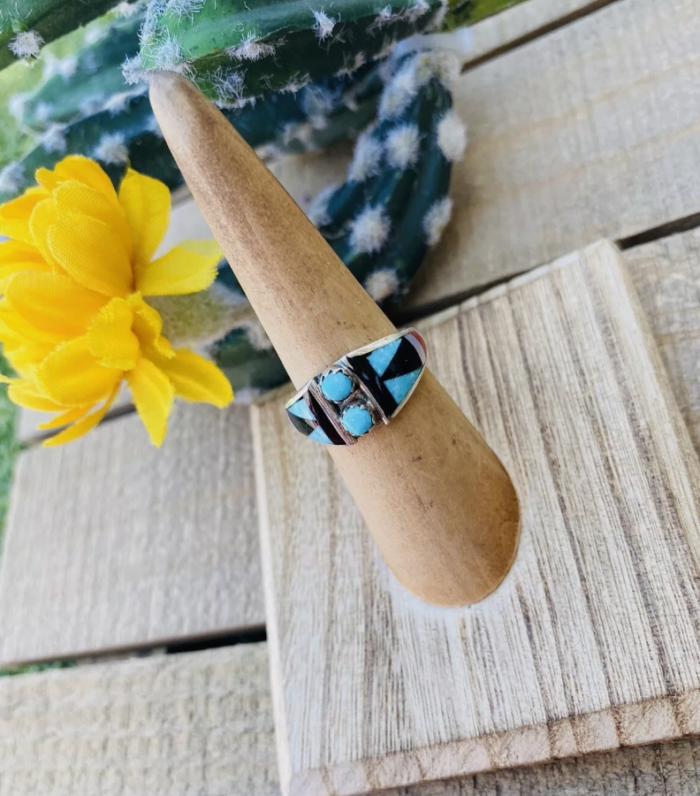 Handcrafted Sterling Silver & Multi Stone Inlay Ring Size 5