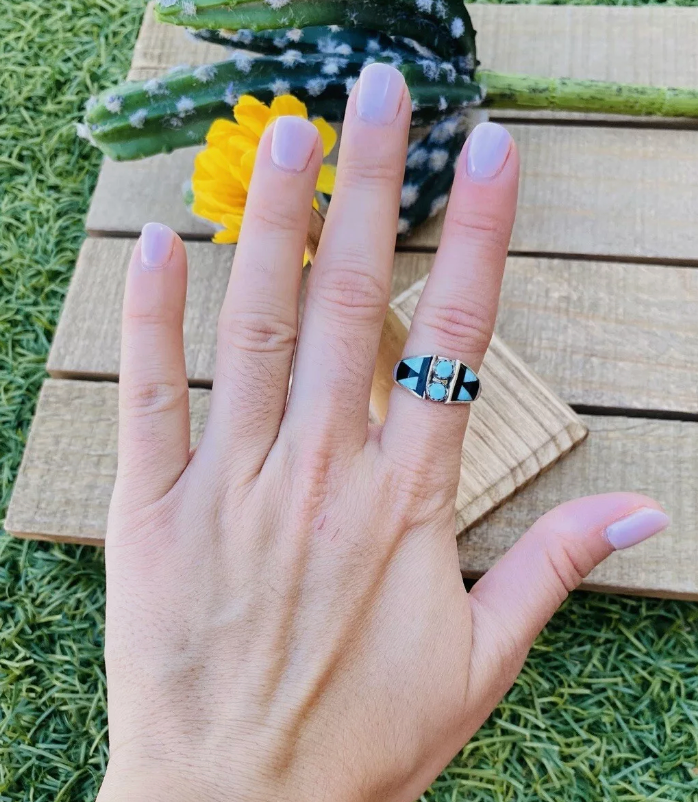 Handcrafted Sterling Silver & Multi Stone Inlay Ring Size 5