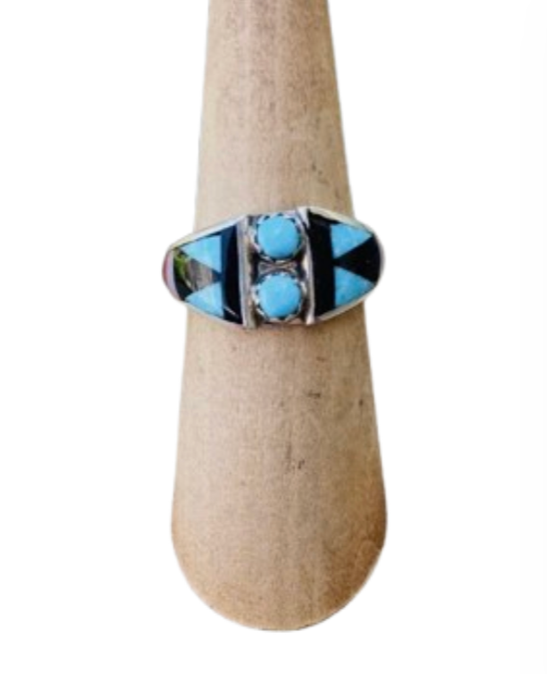 Handcrafted Sterling Silver & Multi Stone Inlay Ring Size 5