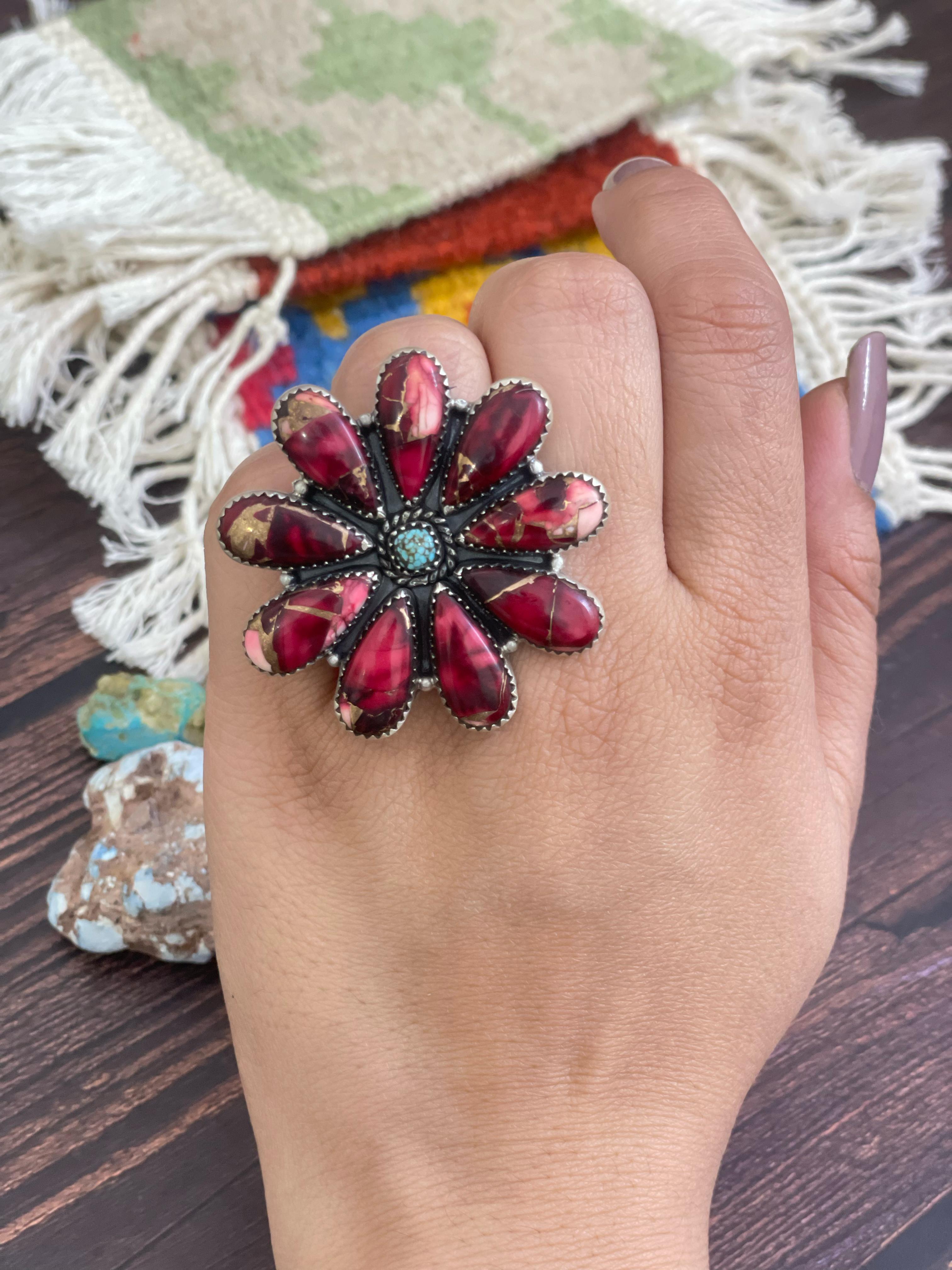 Handmade Sterling Silver Red Rose Dahlia, White Buffalo and Black Onyx Adjustable Ring, Signed Nizhoni