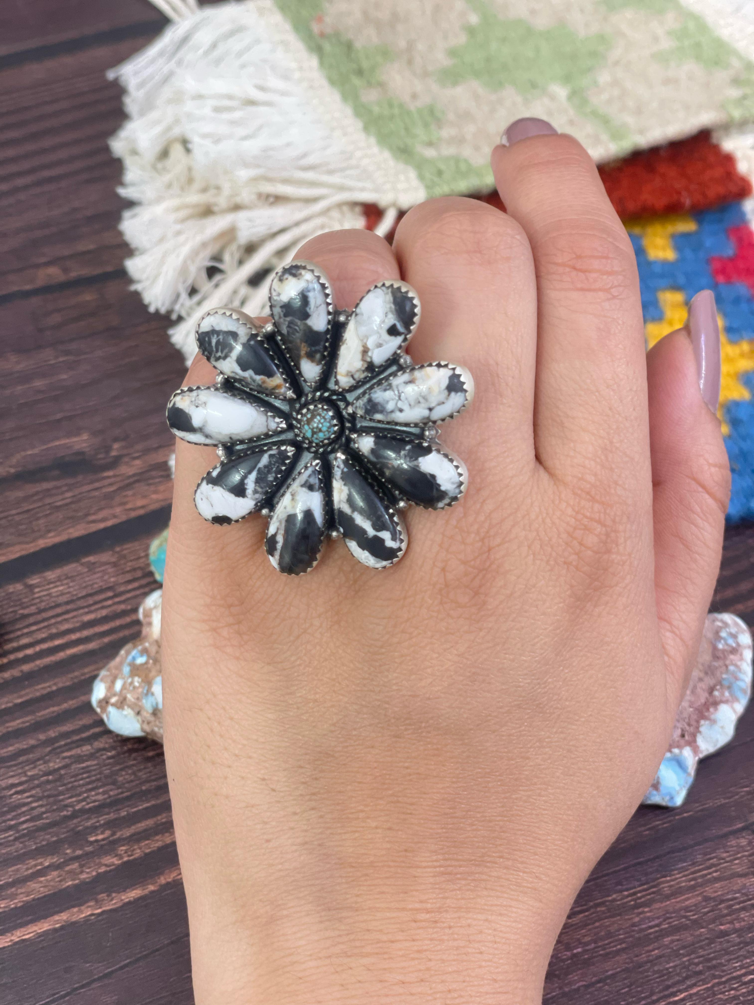 Handmade Sterling Silver Red Rose Dahlia, White Buffalo and Black Onyx Adjustable Ring, Signed Nizhoni