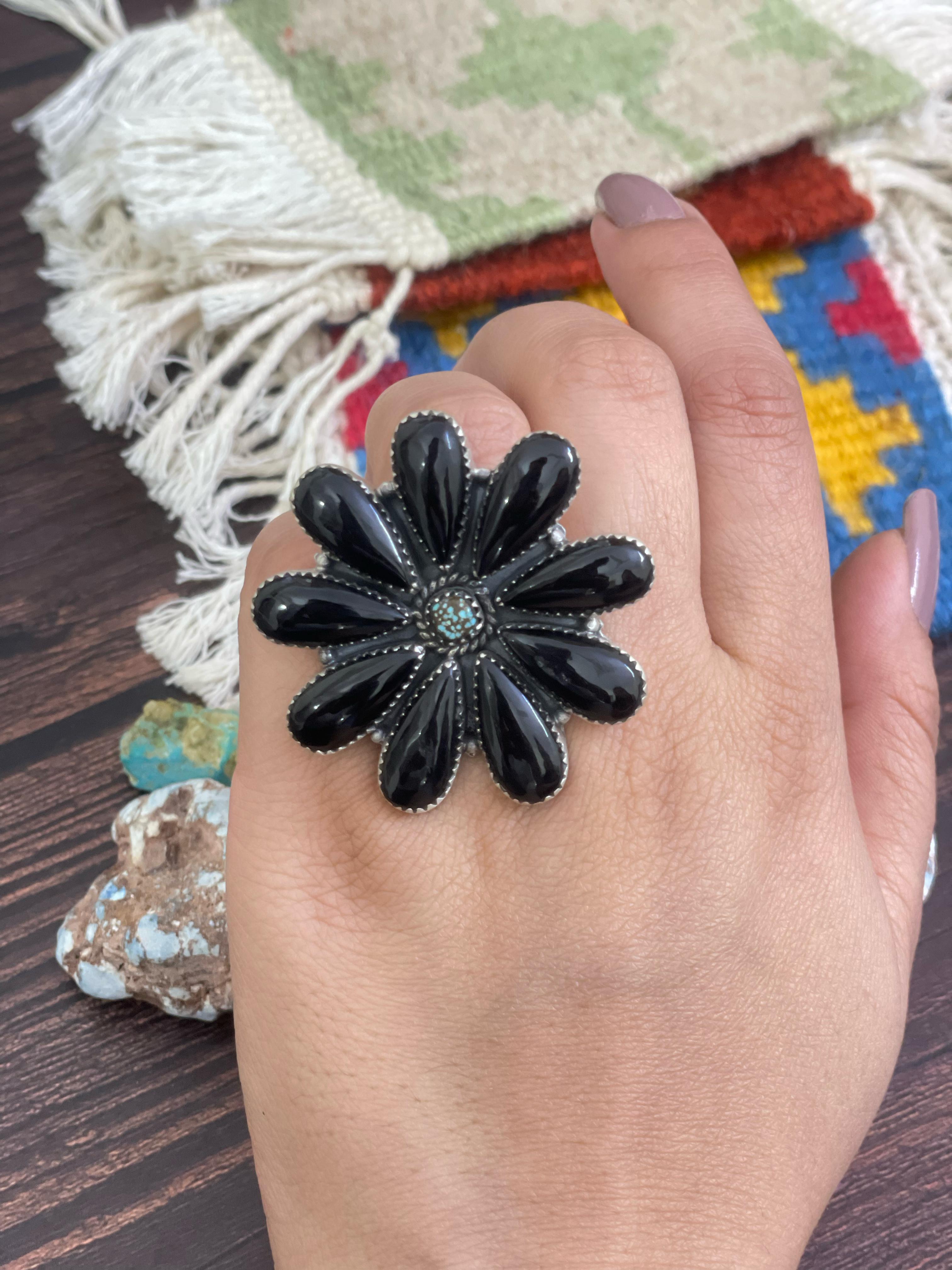 Handmade Sterling Silver Red Rose Dahlia, White Buffalo and Black Onyx Adjustable Ring, Signed Nizhoni