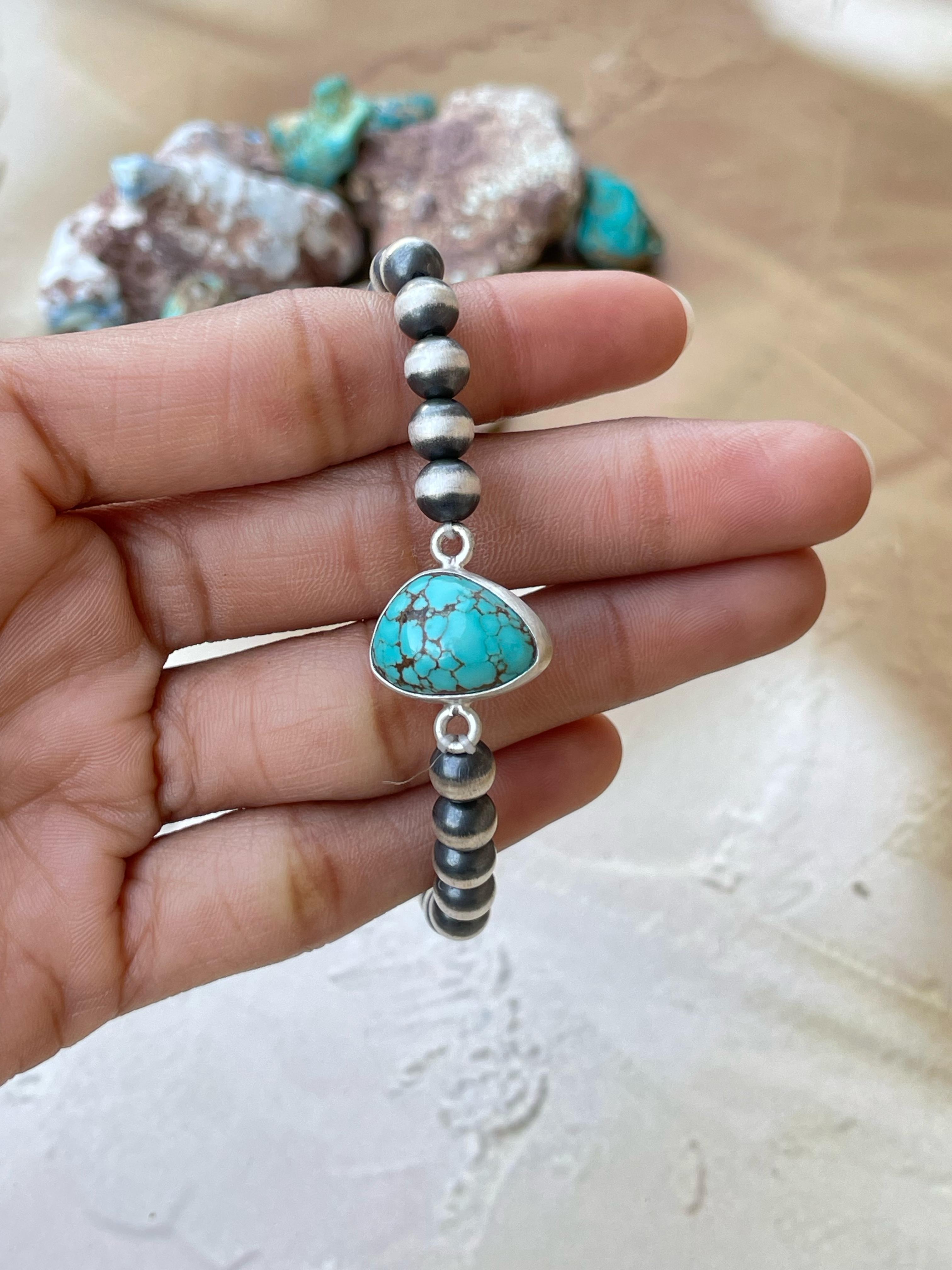 Handmade Sterling Silver 6 Inch Beaded bracelet with stone Signed Nizhoni