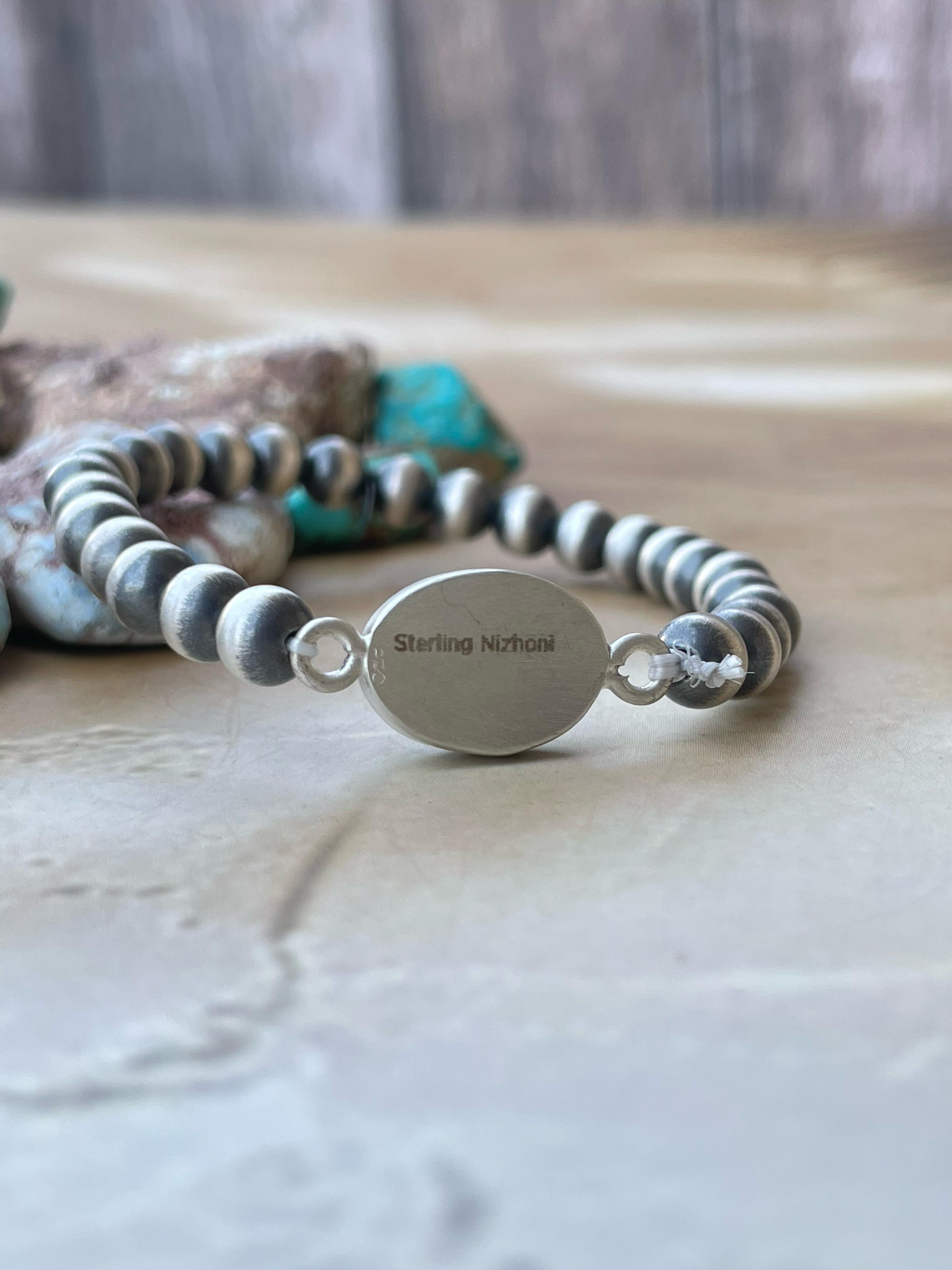 Handmade Sterling Silver 6 Inch Beaded bracelet with stone Signed Nizhoni