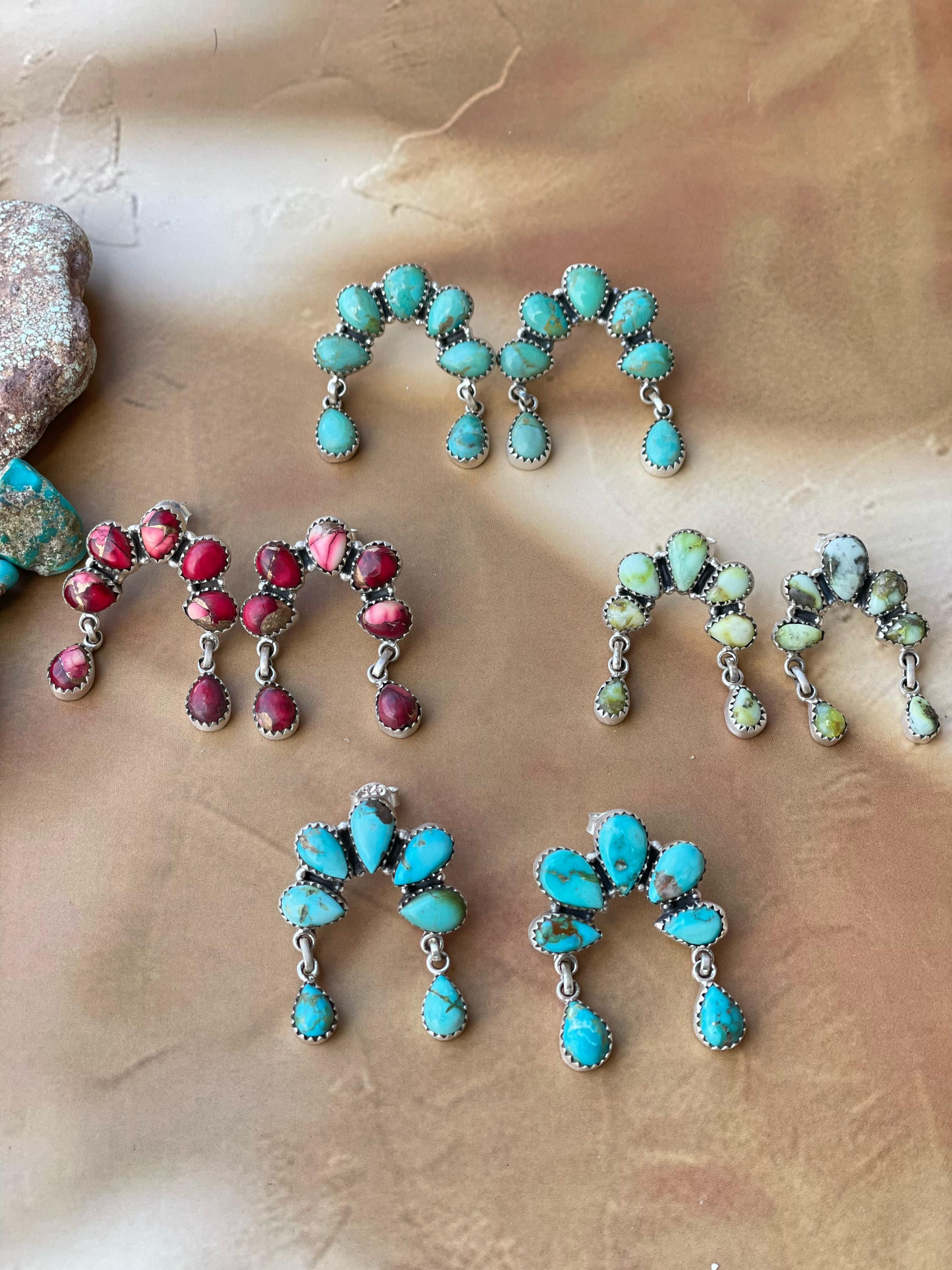 Handmade Sterling Silver post earring, Options-Paloma turquoise, Sonoran mountain, Dahlia rose, Mojave Turquoise, Signed Nizhoni