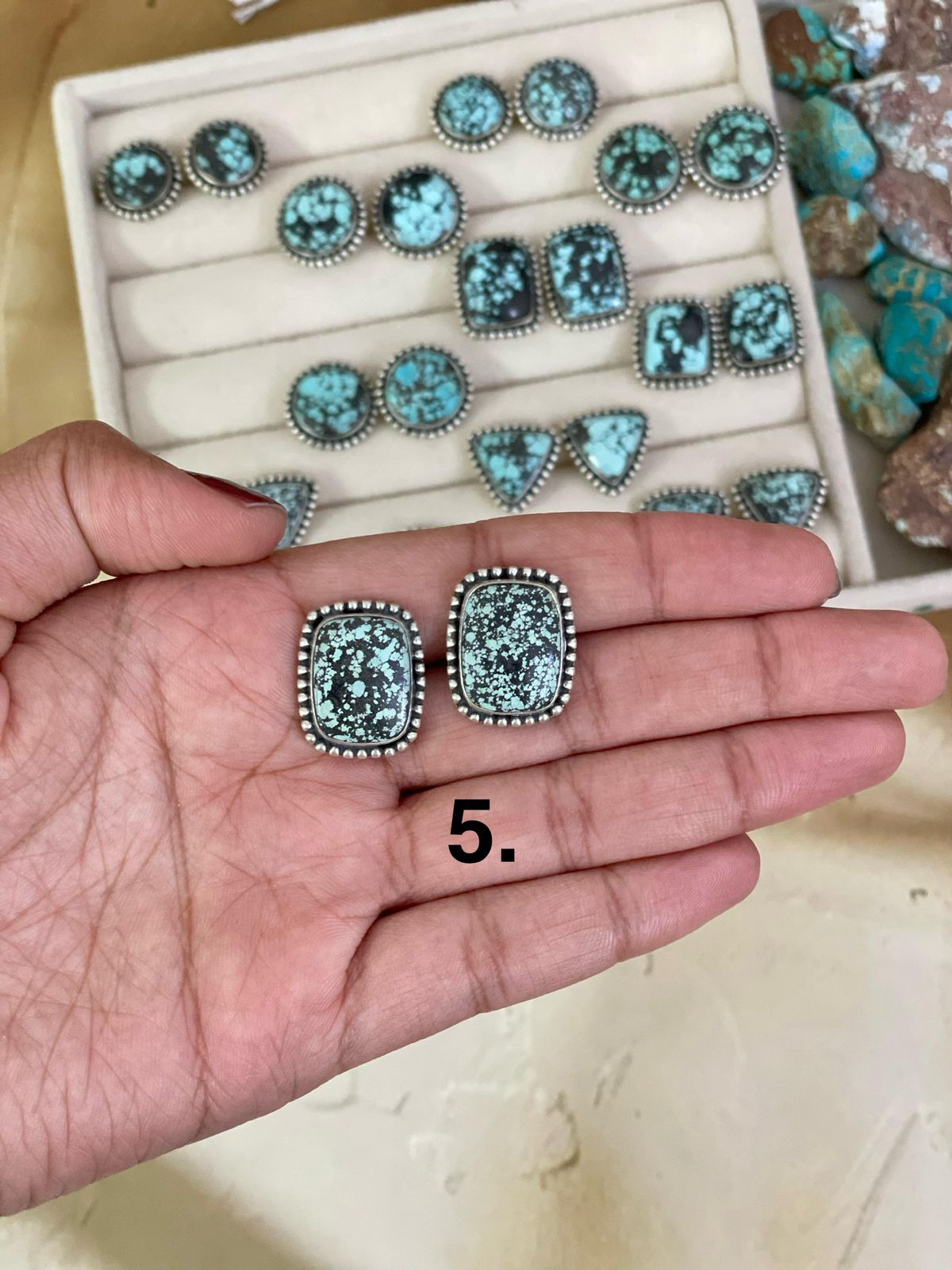 Handmade Sterling Silver Lander Turquoise Post Earrings, Signed Nizhoni