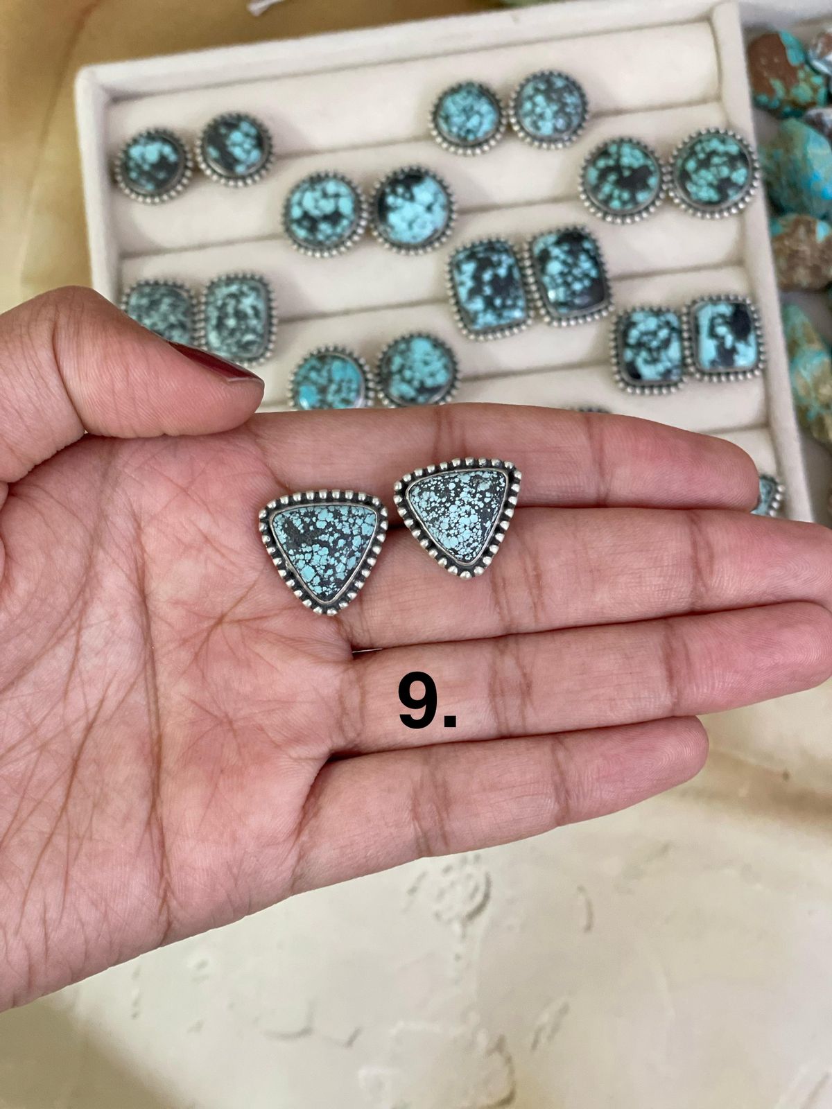 Handmade Sterling Silver Lander Turquoise Post Earrings, Signed Nizhoni