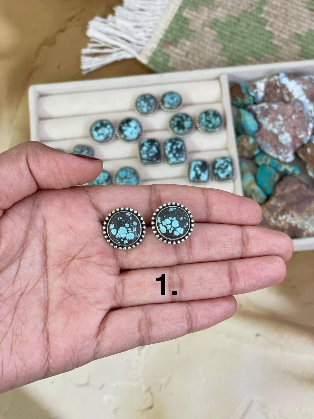 Handmade Sterling Silver Lander Turquoise Post Earrings, Signed Nizhoni