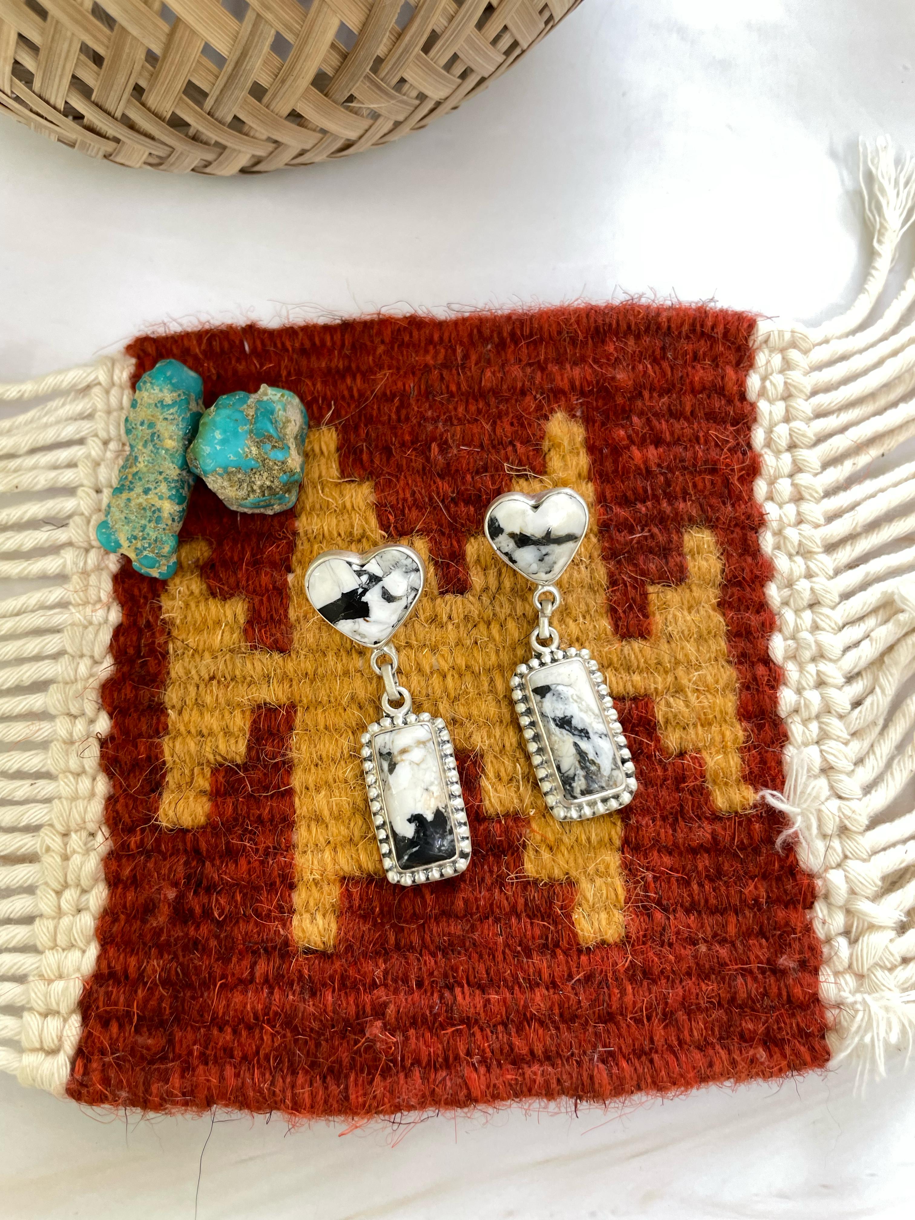 Handmade Sterling Silver White Buffalo Post Earrings, Signed Nizhonil