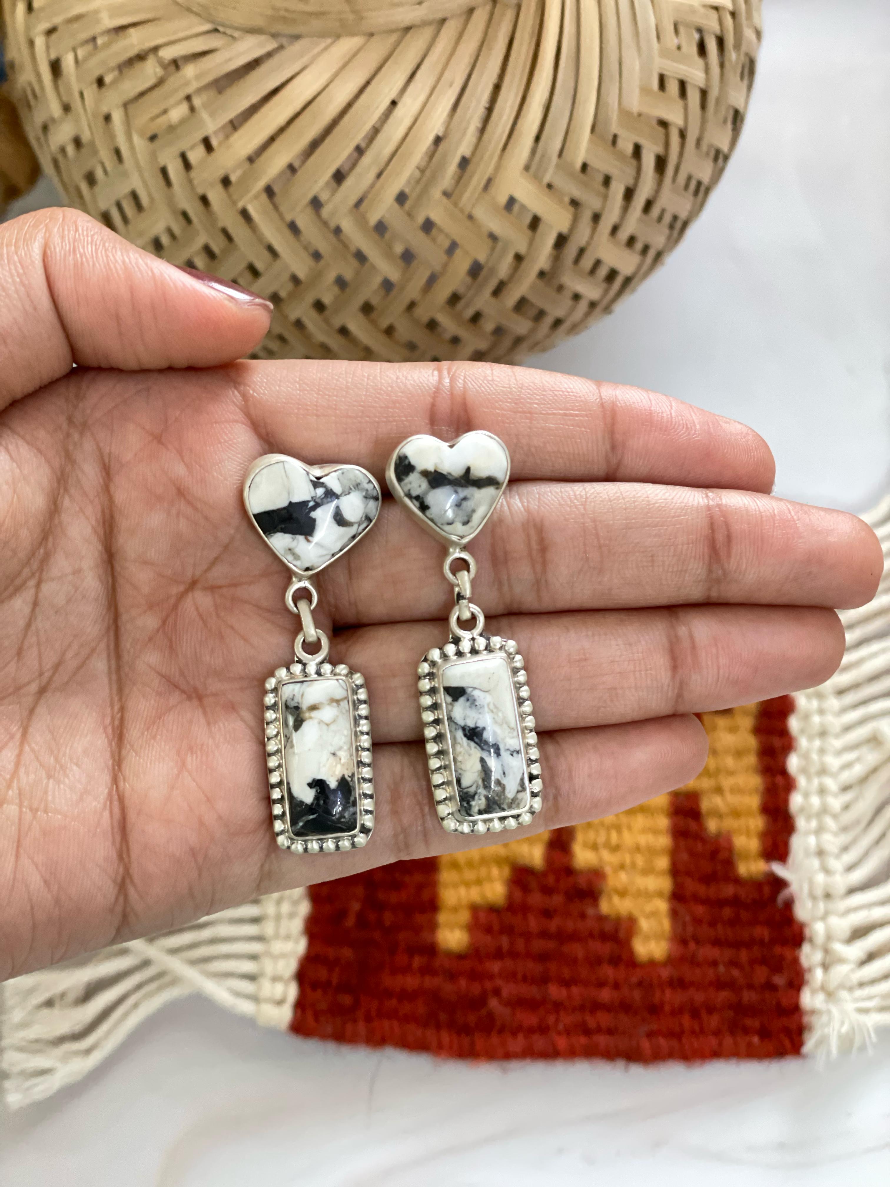 Handmade Sterling Silver White Buffalo Post Earrings, Signed Nizhonil