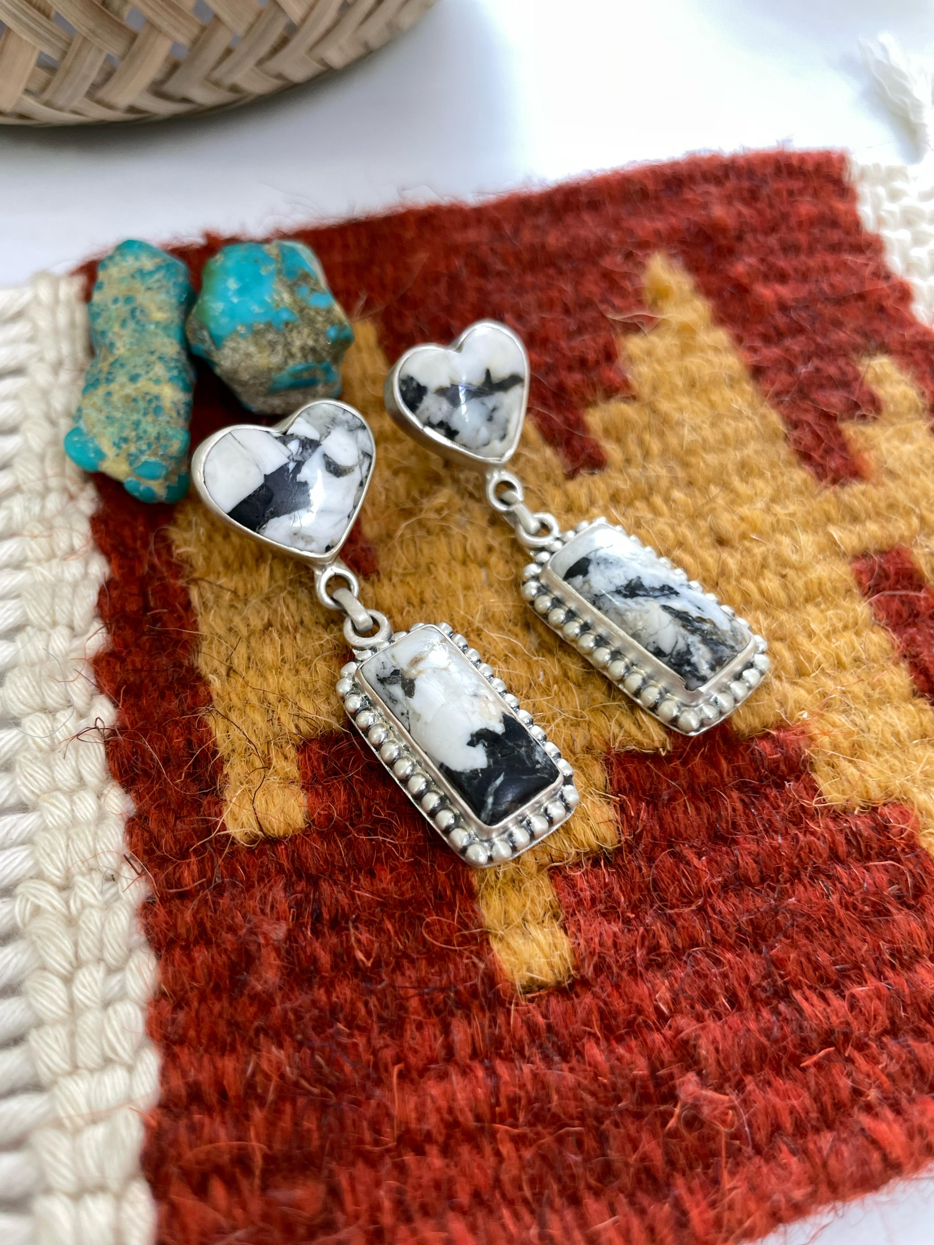 Handmade Sterling Silver White Buffalo Post Earrings, Signed Nizhonil