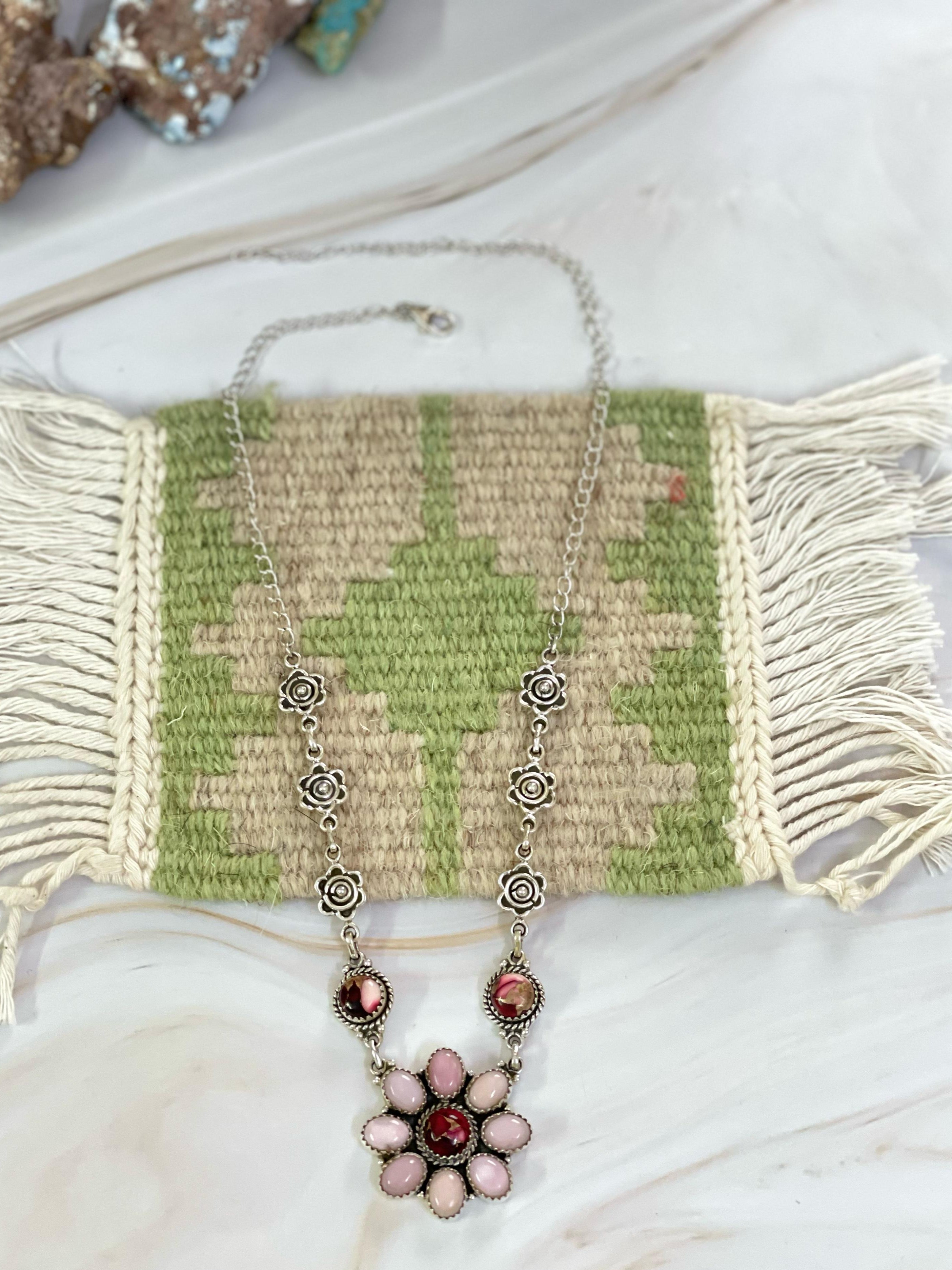 Handmade Sterling Silver, ROSE DAHLIA, PINK OPAL Necklace Signed Nizhoni