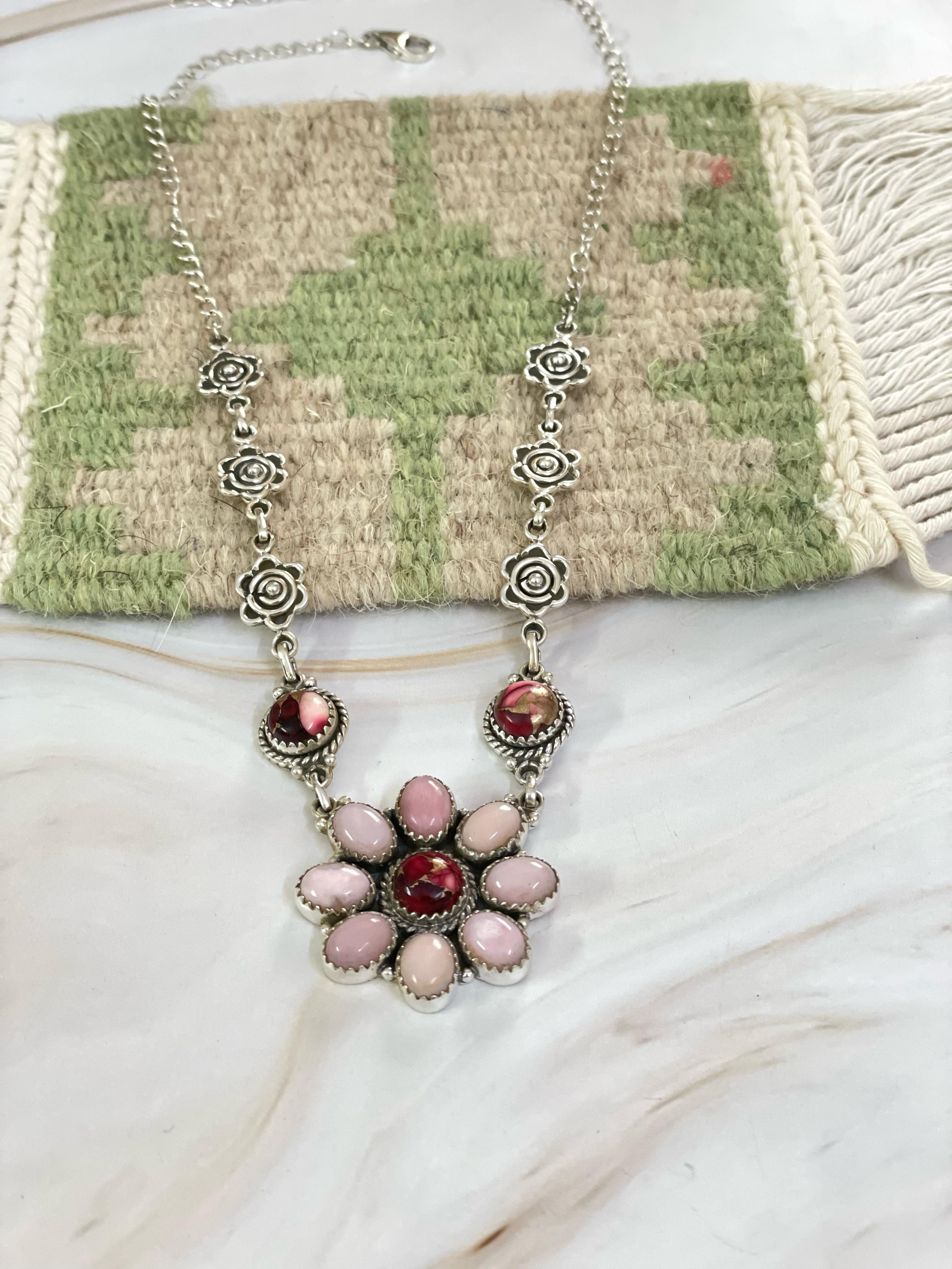 Handmade Sterling Silver, ROSE DAHLIA, PINK OPAL Necklace Signed Nizhoni