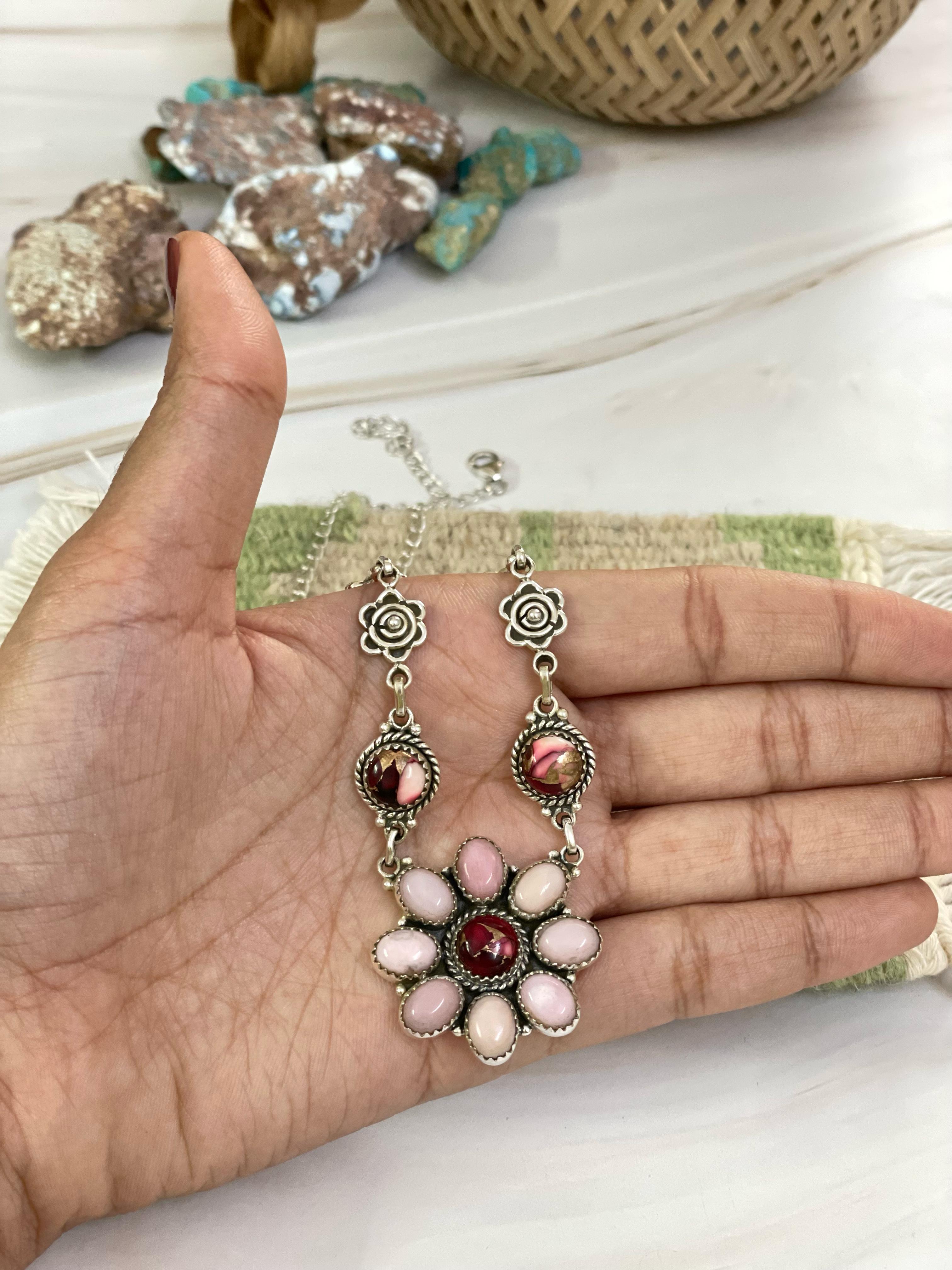 Handmade Sterling Silver, ROSE DAHLIA, PINK OPAL Necklace Signed Nizhoni