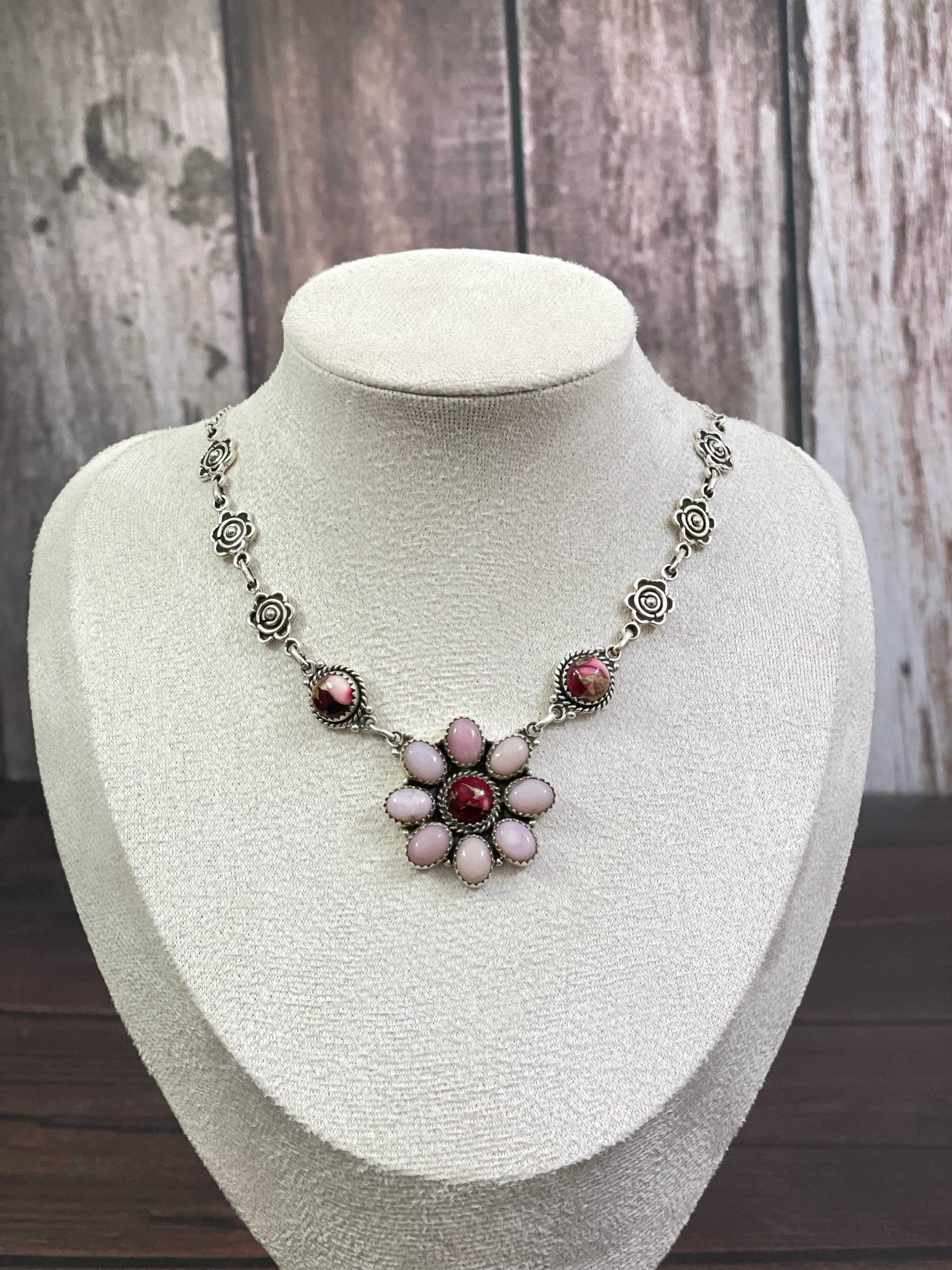 Handmade Sterling Silver, ROSE DAHLIA, PINK OPAL Necklace Signed Nizhoni