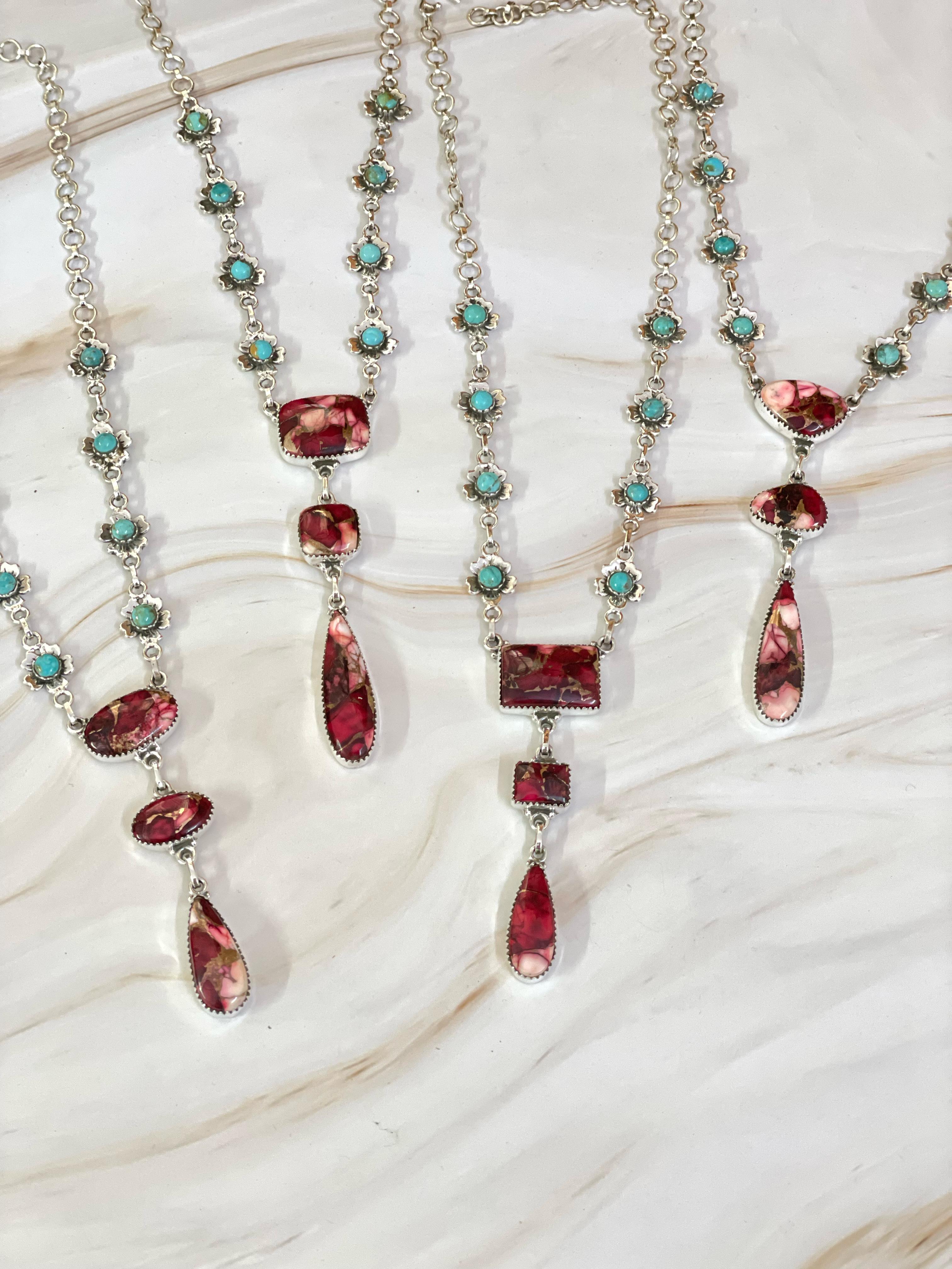 Handmade Sterling Silver Rose Dahlia and Mojave Turquoise Necklace, Signed Nizhoni