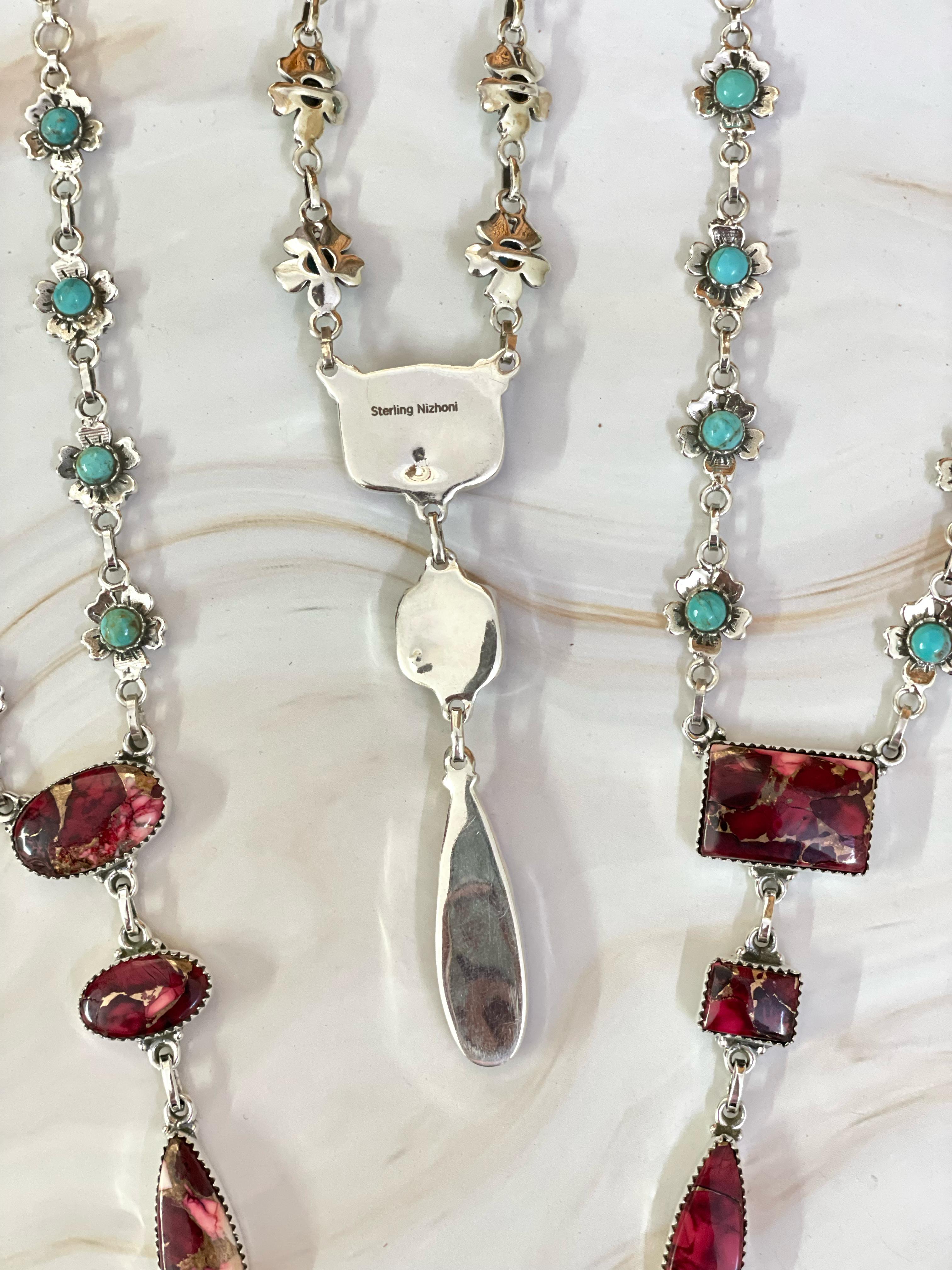 Handmade Sterling Silver Rose Dahlia and Mojave Turquoise Necklace, Signed Nizhoni