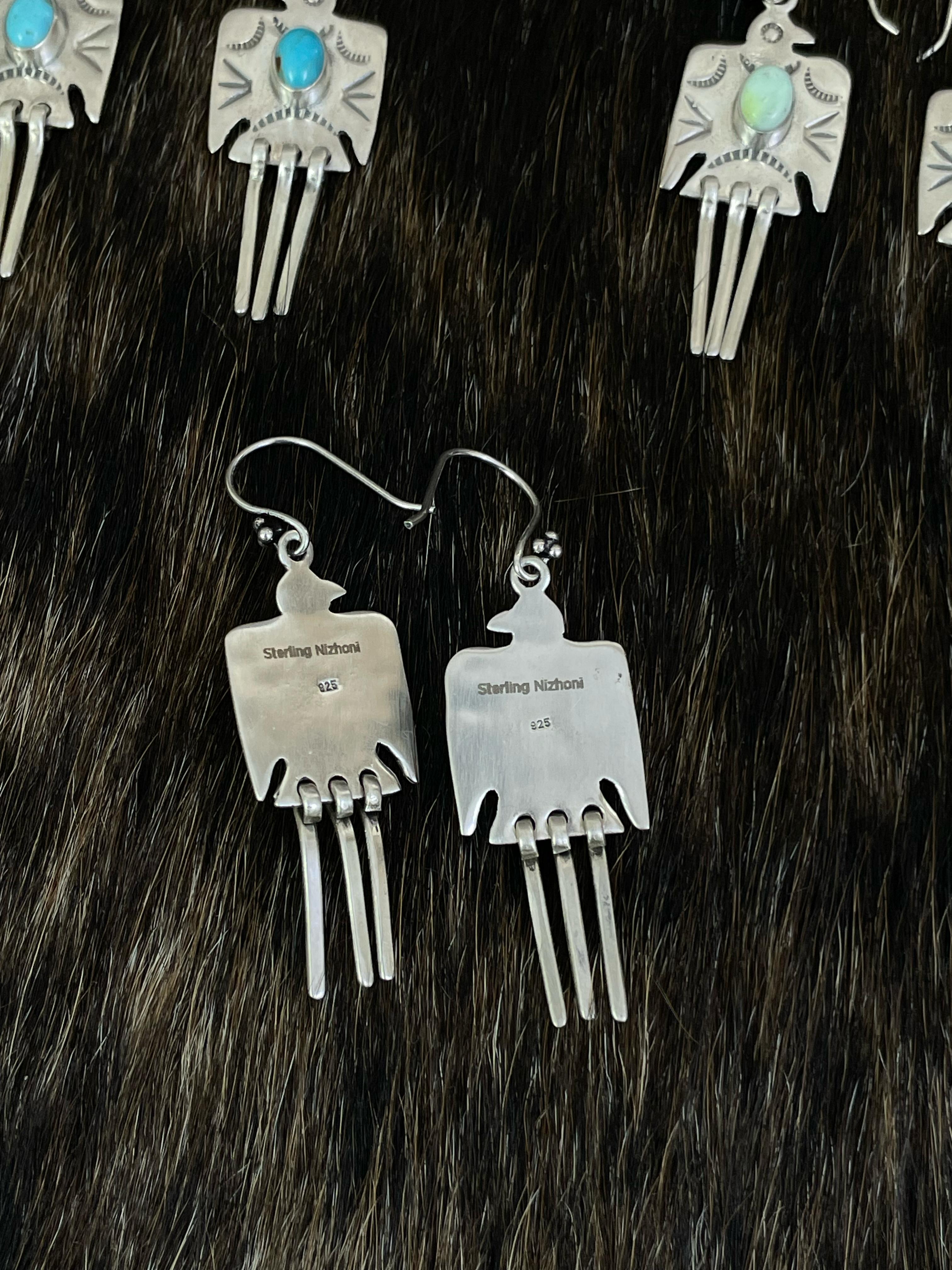 Handmade Sterling Silver White Buffalo, Kingman, Paloma Turquoise Dangle Thunder Bird Earrings with Signed Nizhoni