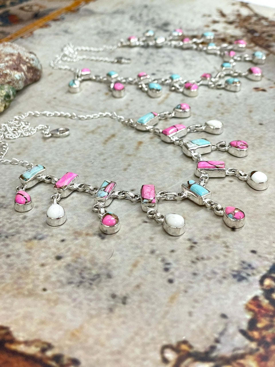 Handmade Sterling Silver Cotton Candy Turquoise Necklace, Signed Nizhoni