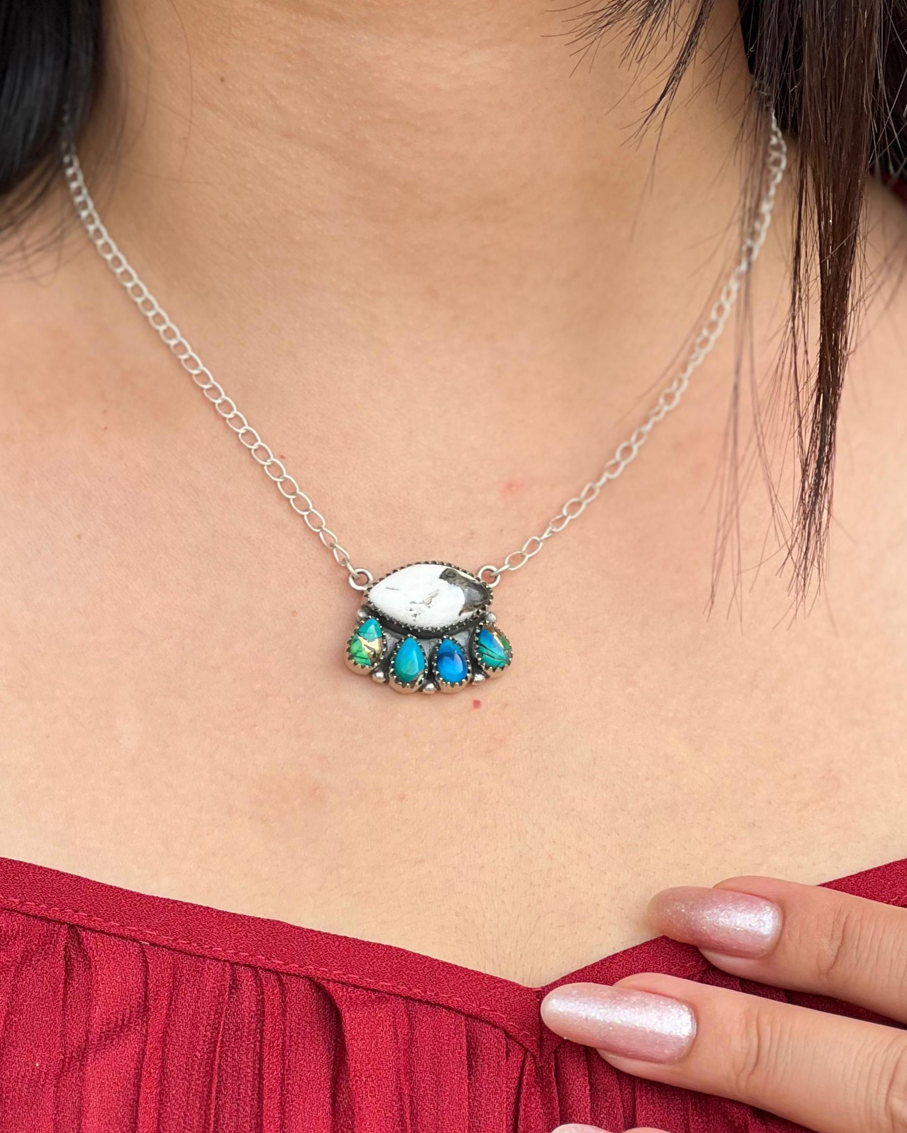 Handmade Sterling Silver White Buffalo with Peacock Dahlia Necklace with Signed Nizhoni