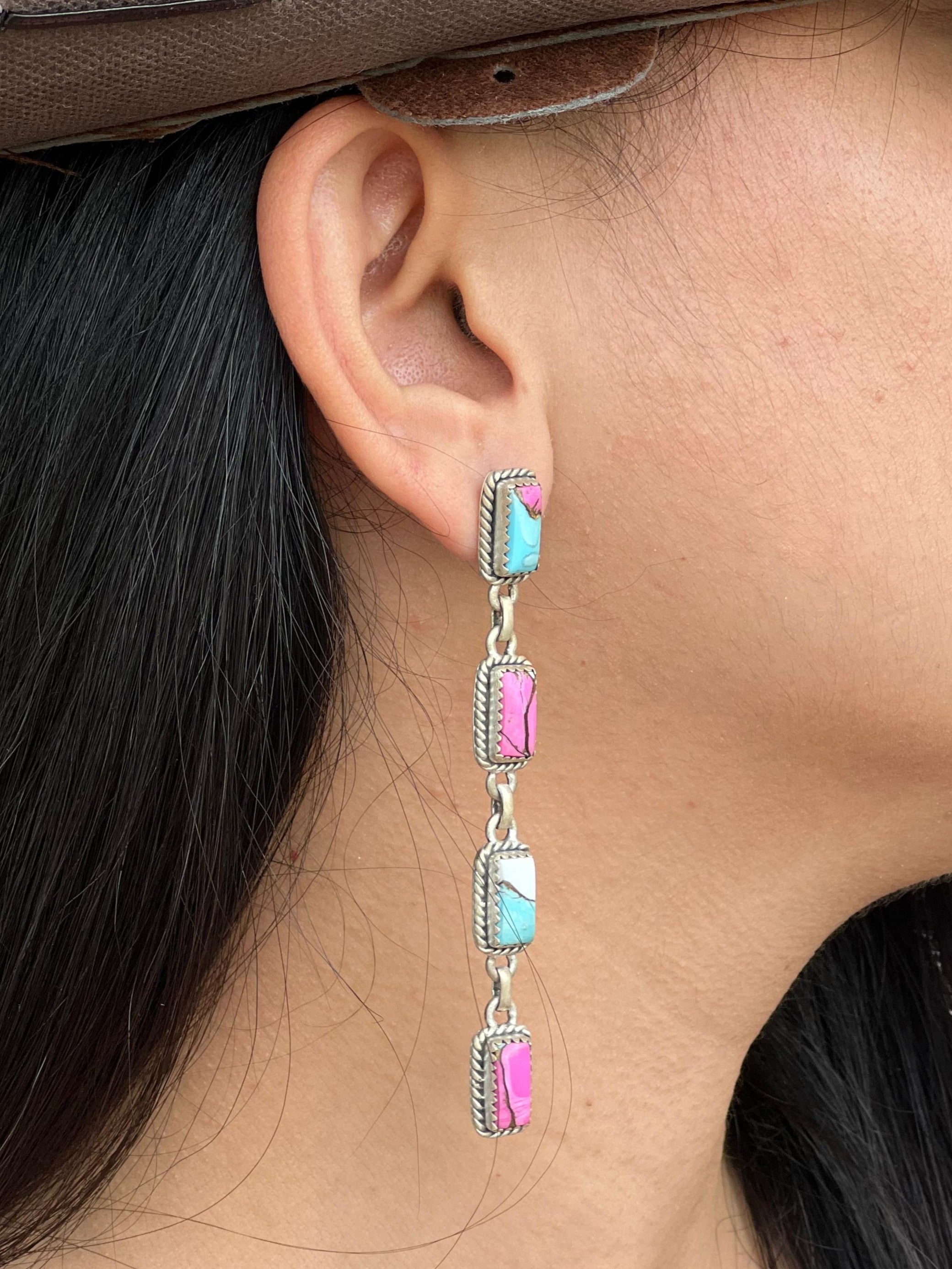 Handmade Sterling Silver Cotton Candy Turquoise Post Earrings with Signed Nizhoni