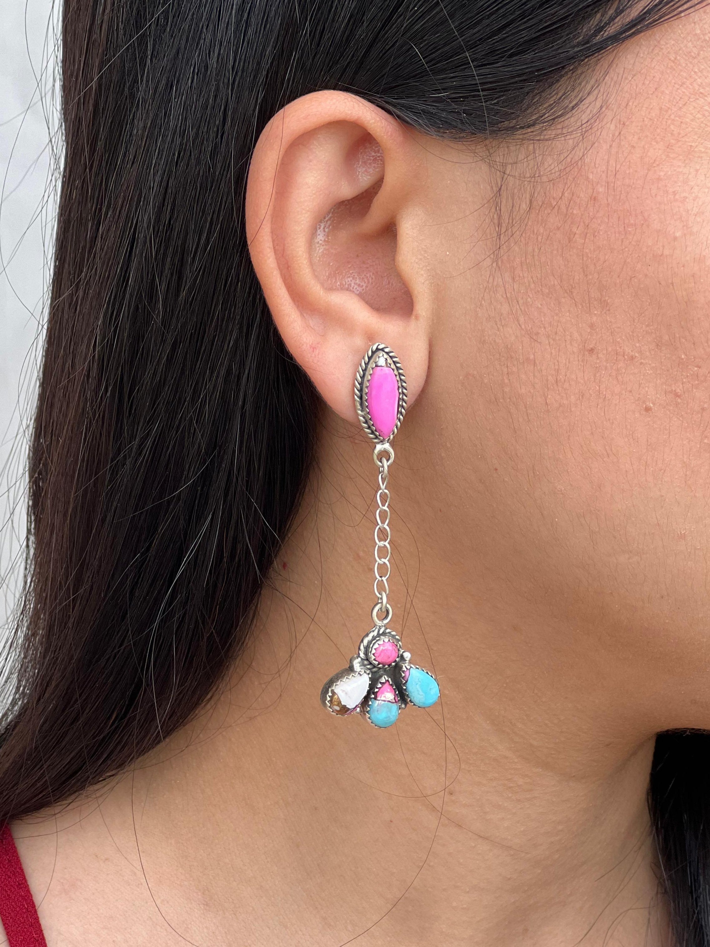 Handmade Sterling Silver Cotton Candy Turquoise Dangle Earrings with Signed Nizhoni