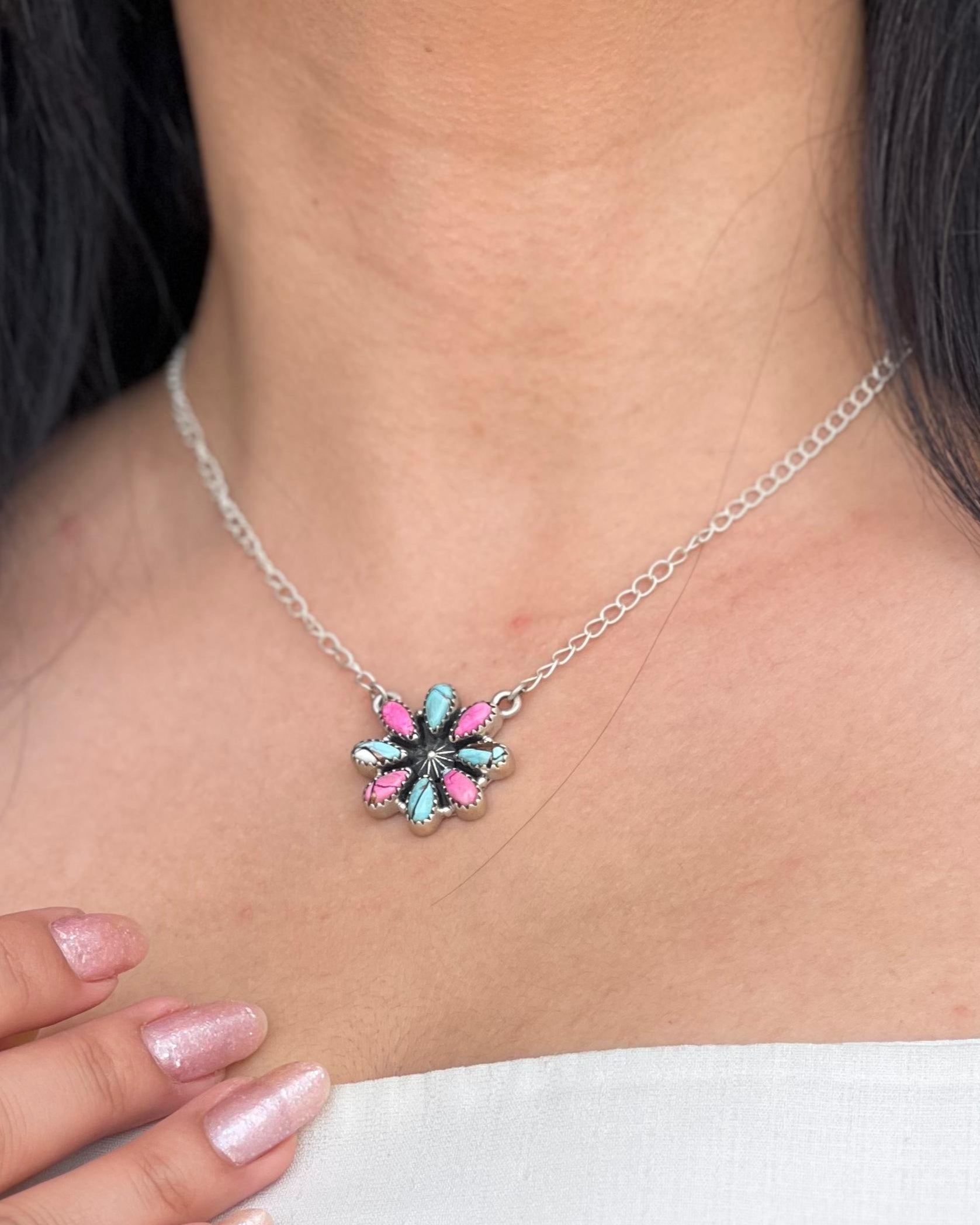 Handmade Sterling Silver Peacock Dahlia, Cotton Candy Turquoise Necklace with Signed Nizhoni