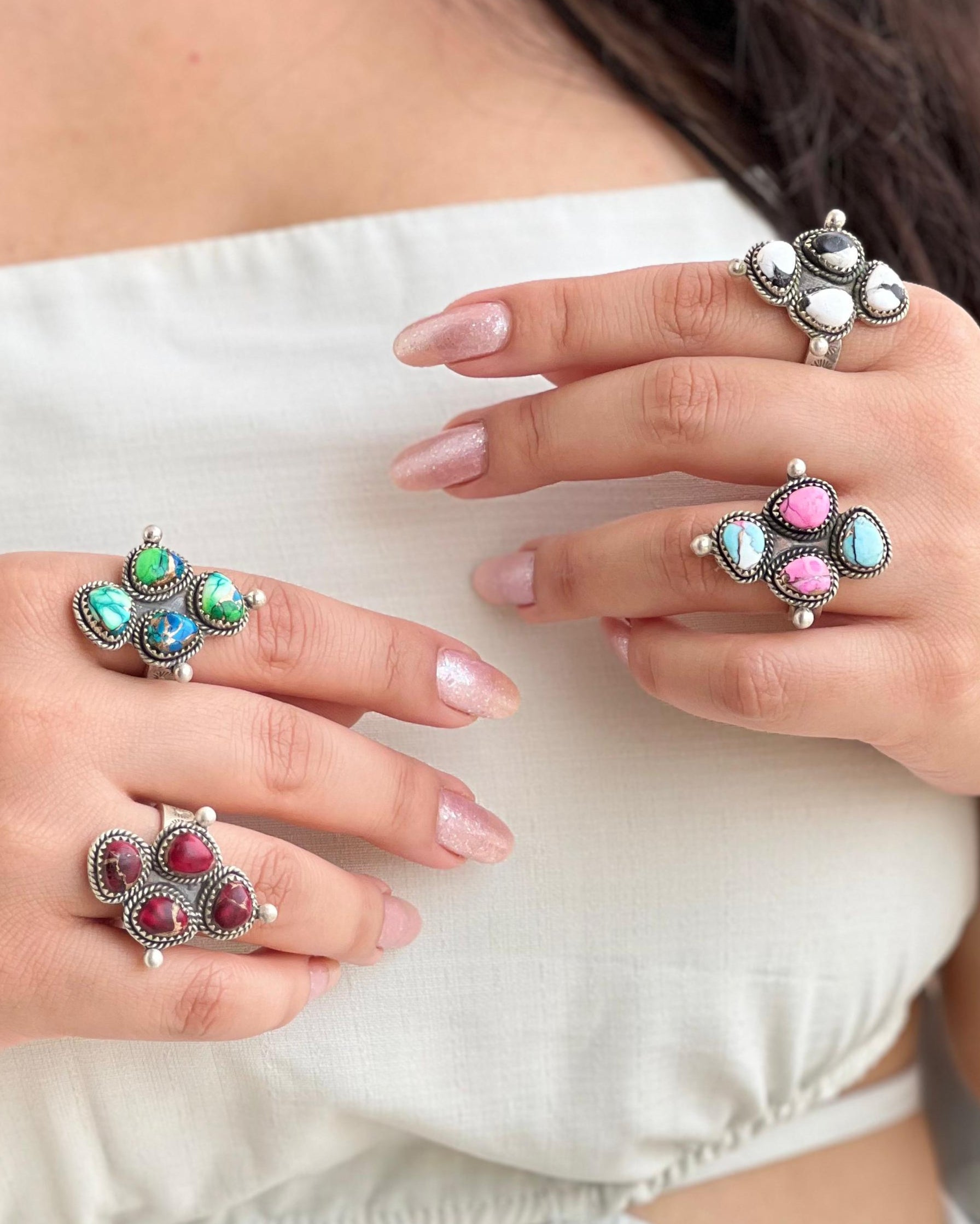 Handmade Sterling Silver Peacock Dahlia, Cotton Candy, Dahlia Rose, White Buffalo Turquoise Adjustable Ring, Signed Nizhoni