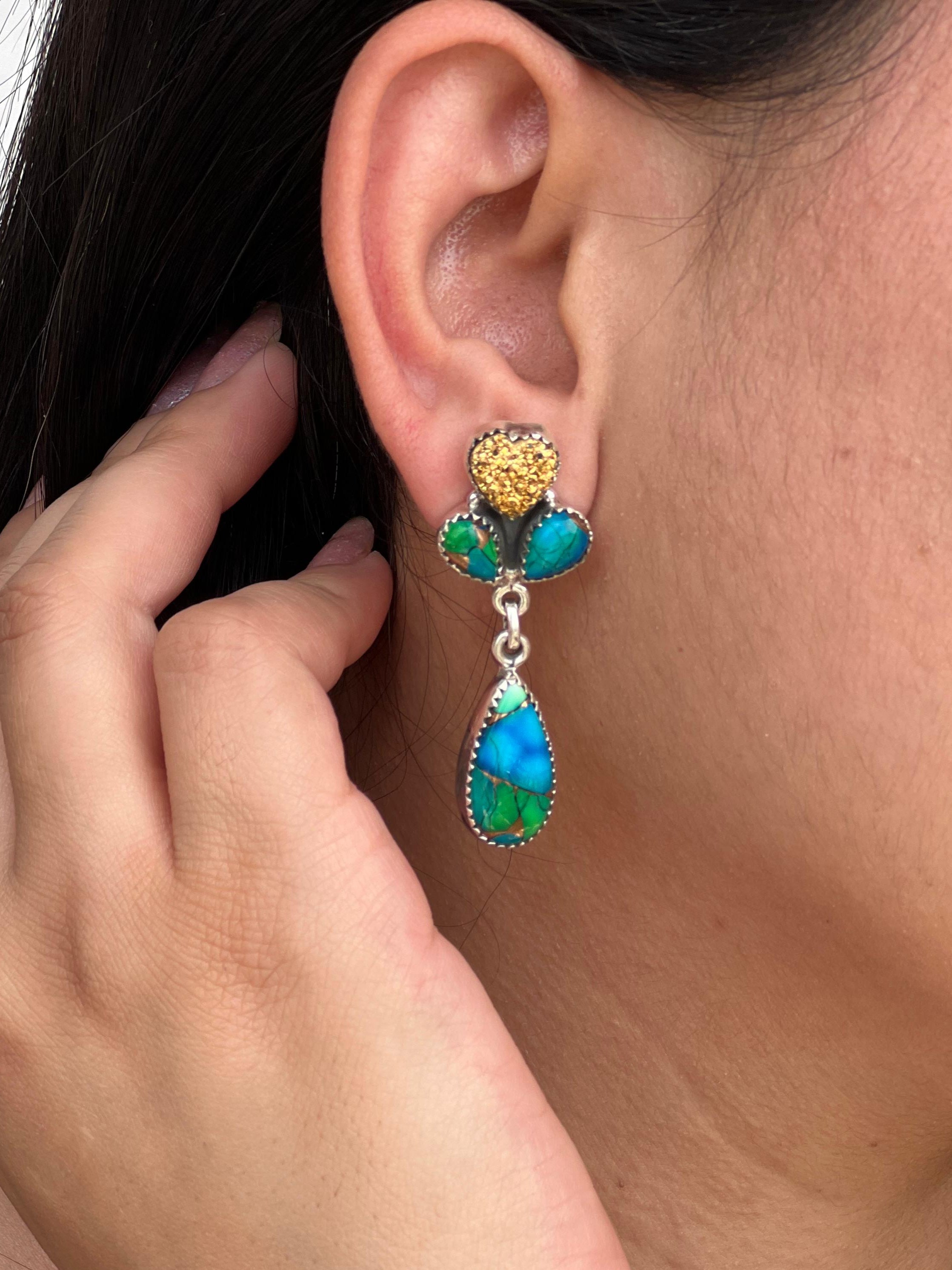 Handmade Sterling Silver Peacock Dahlia with Druzy Dangle Earrings with Signed Nizhoni