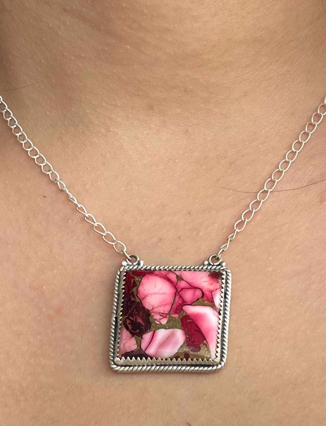 Handmade Sterling Silver Dahlia Rose, Cotton Candy Turquoise Necklace with Signed Nizhoni