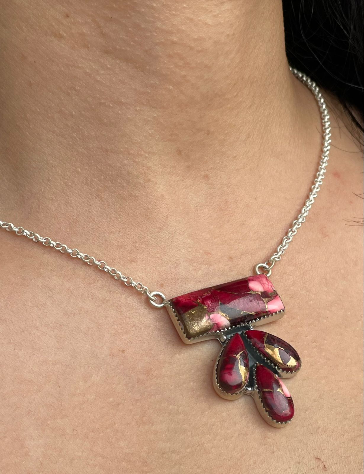 Handmade Sterling Silver Dahlia Rose Necklace with Signed Nizhoni