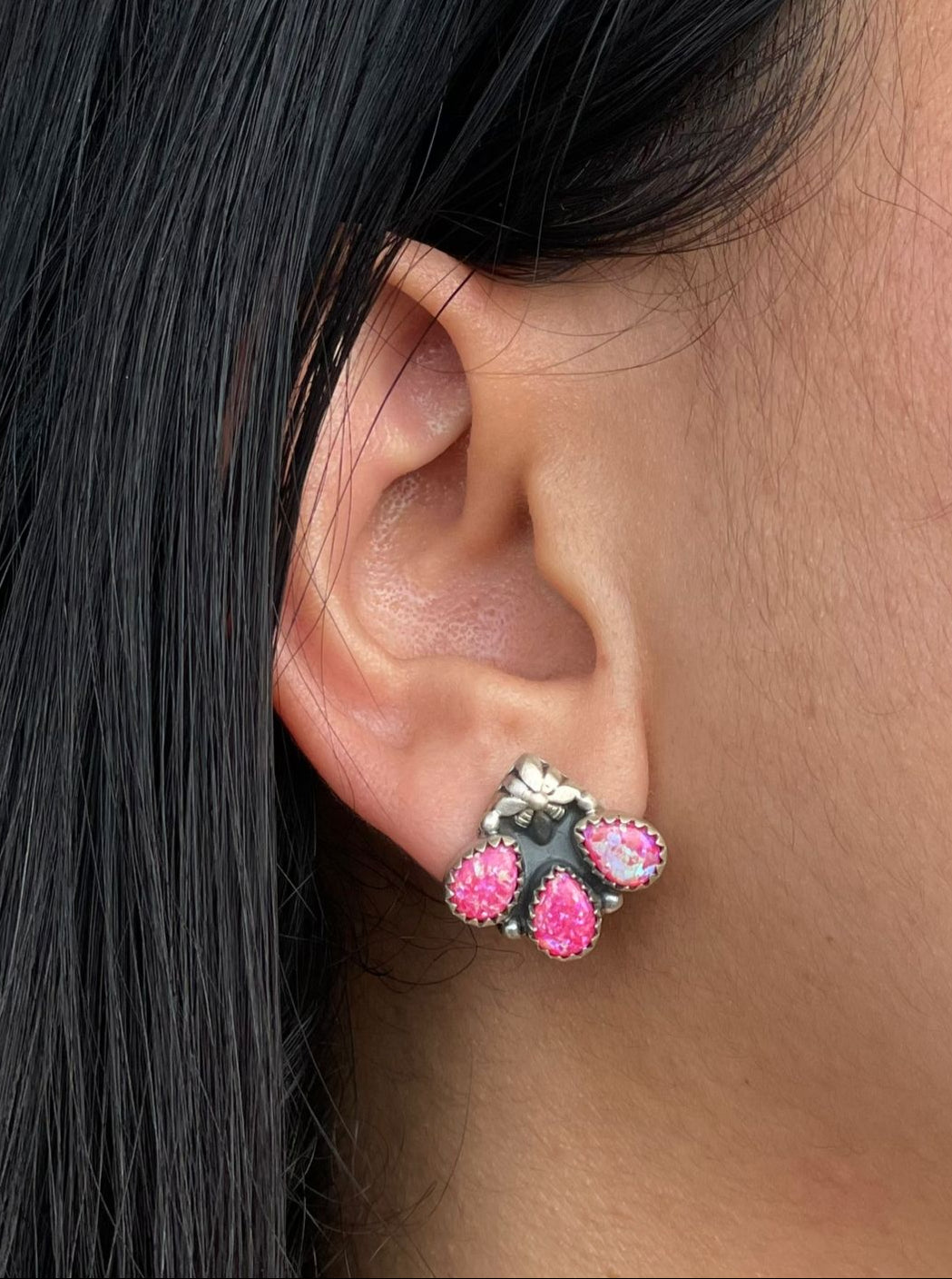 Handmade Sterling Silver Hot Pink Post Earrings with Signed Nizhoni