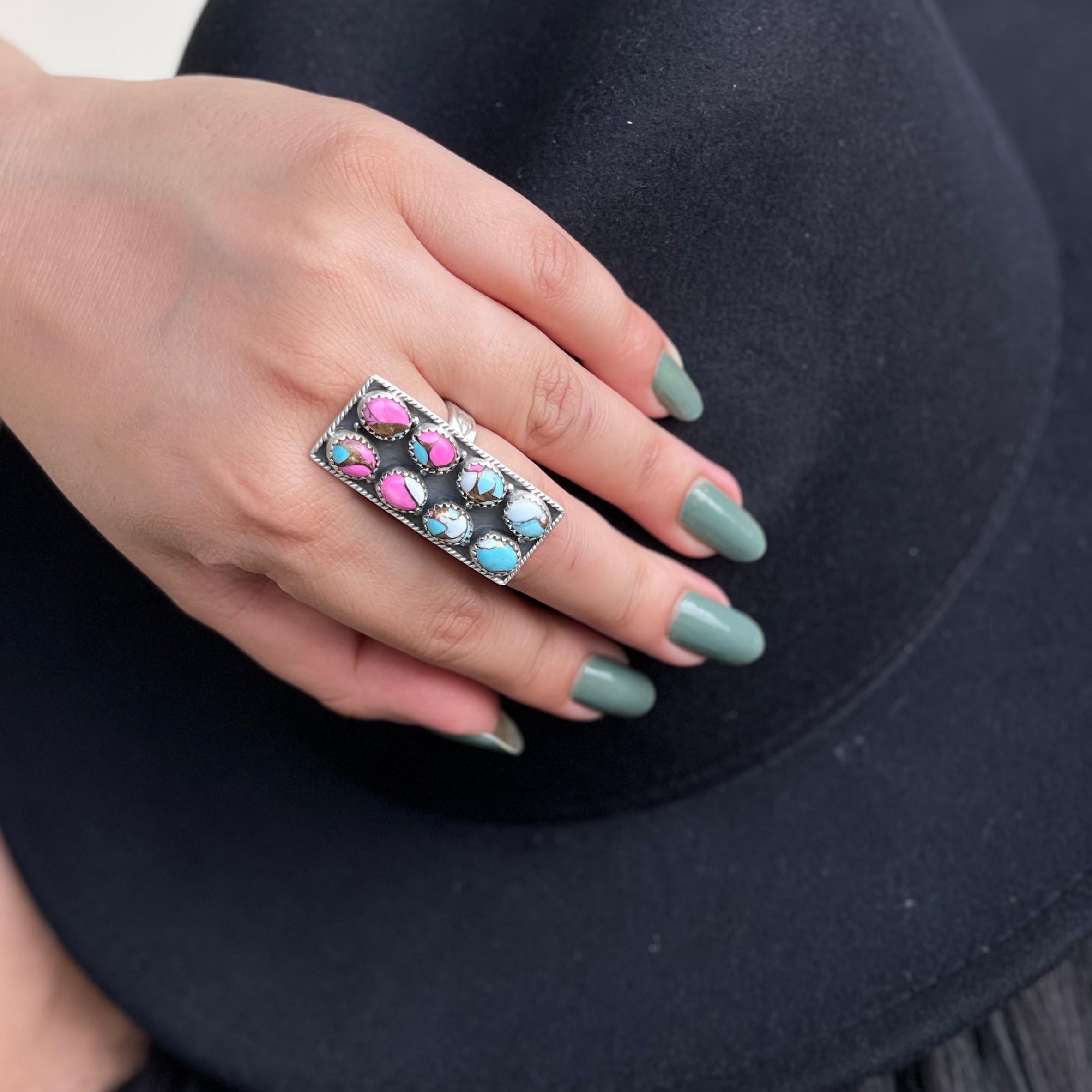 Handmade Sterling Silver Cotton Candy Turquoise Adjustable Ring with Signed Nizhoni (9)