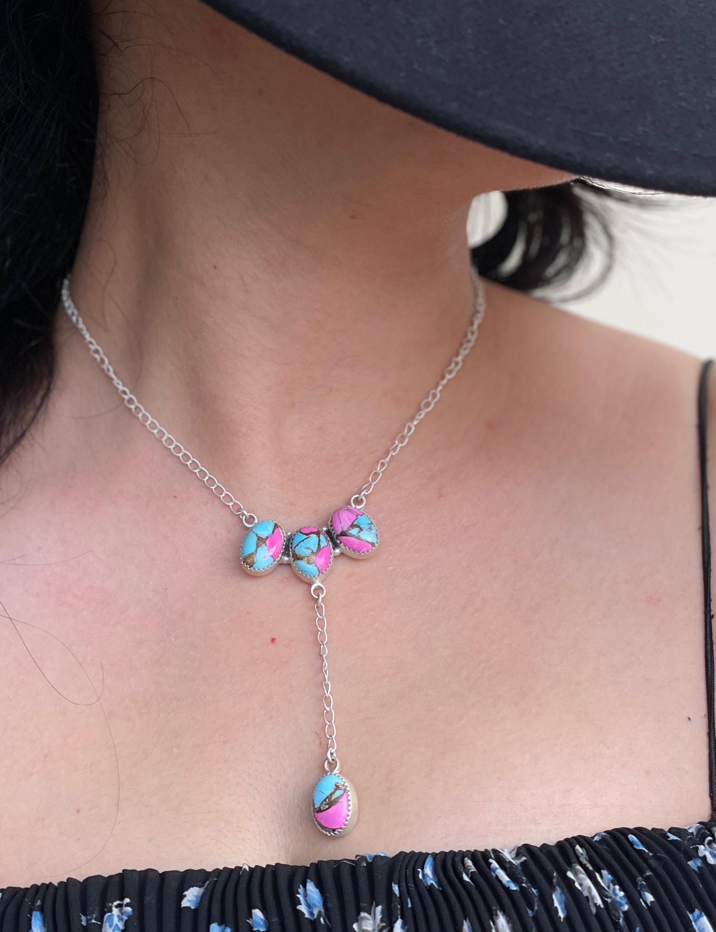 Handmade Sterling Silver Cotton Candy Turquoise Necklace with Signed Nizhoni