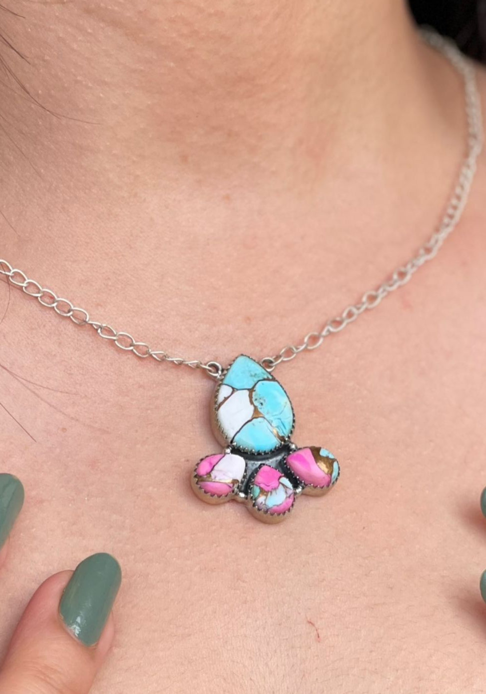 Handmade Sterling Silver Cotton Candy Turquoise Necklace with Signed Nizhoni