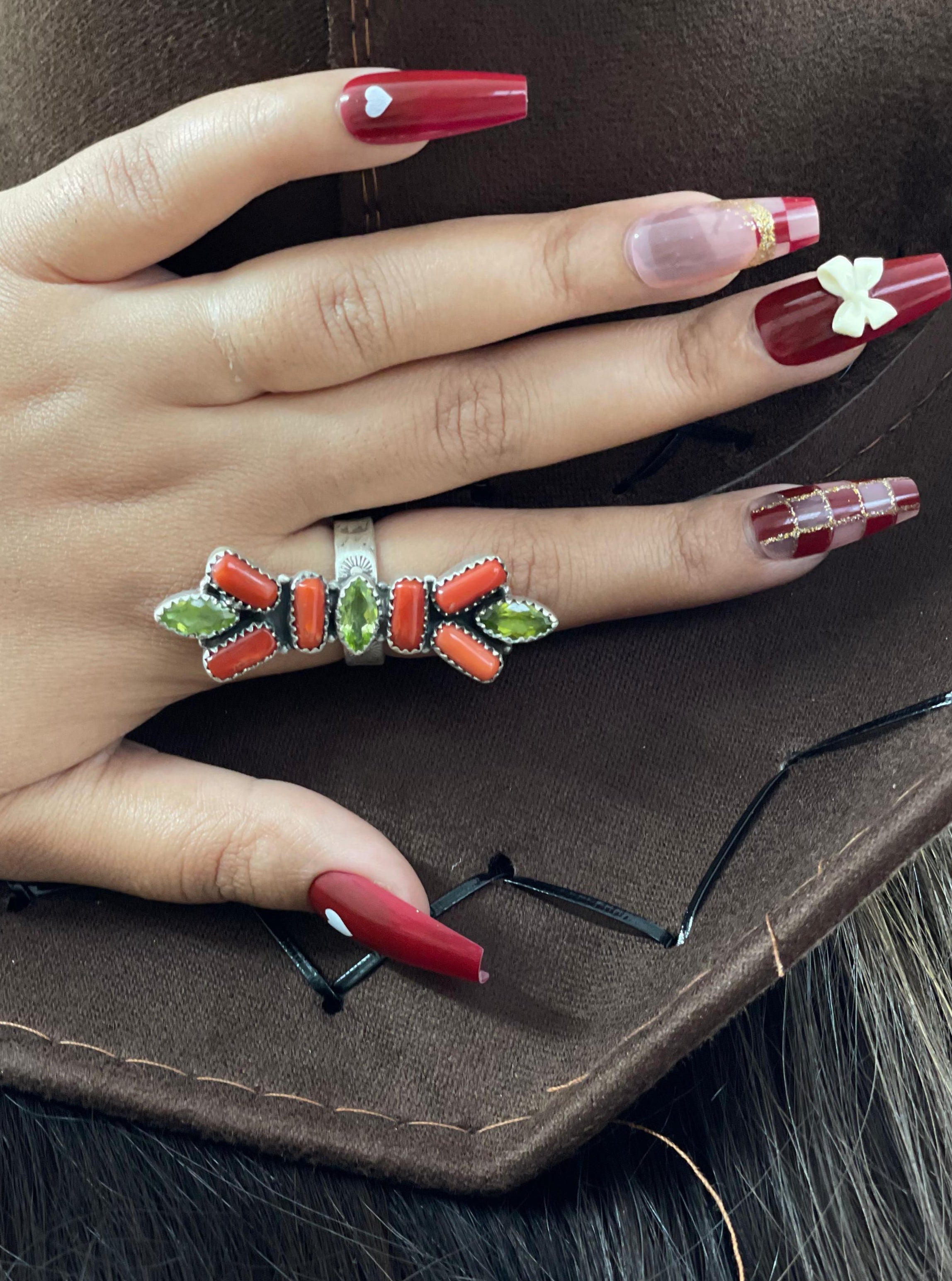 Christmas Collection Handmade Sterling Silver Coral with Peridot Adjustable Ring with Signed Nizhoni