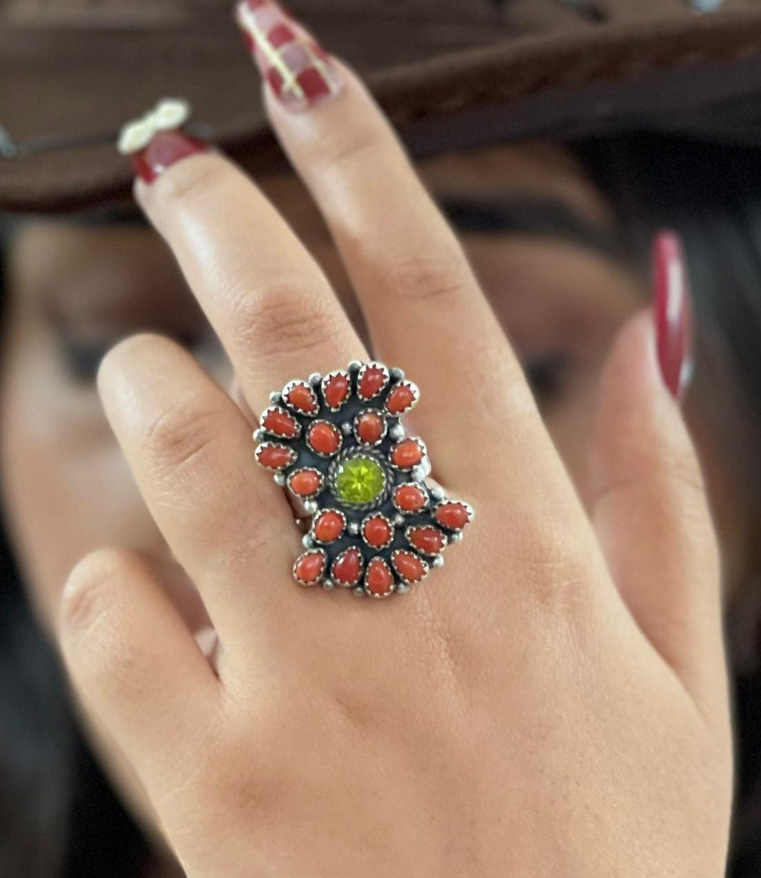 Christmas Collection Handmade Sterling Silver Coral with Peridot Adjustable Ring with Signed Nizhoni