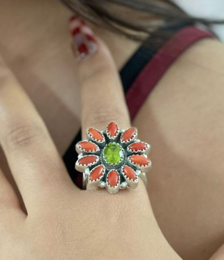 Christmas Collection Handmade Sterling Silver Coral with Peridot Adjustable Ring with Signed Nizhoni