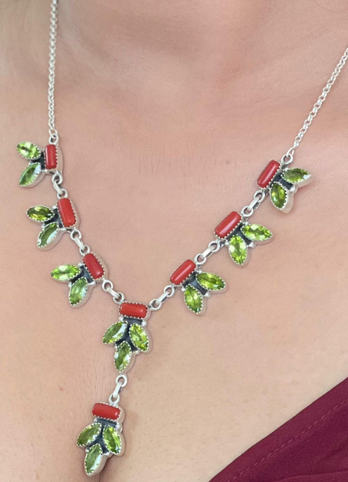 Christmas Collection Handmade Sterling Silver Coral with Peridot Necklace with Signed Nizhoni