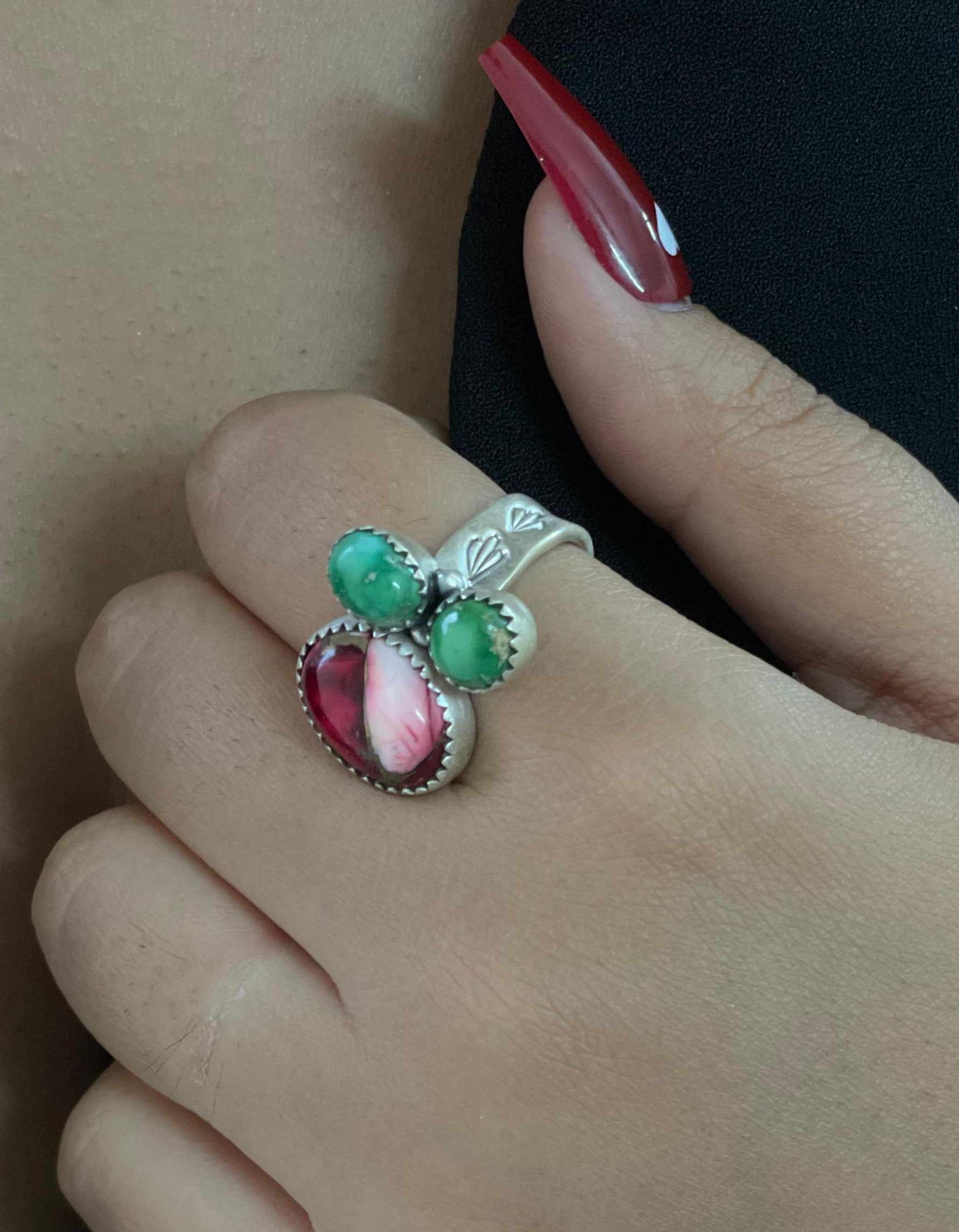 Handmade Sterling Silver Dahlia Rose with Emerald Velley Adjustable Rings with Signed Nizhoni