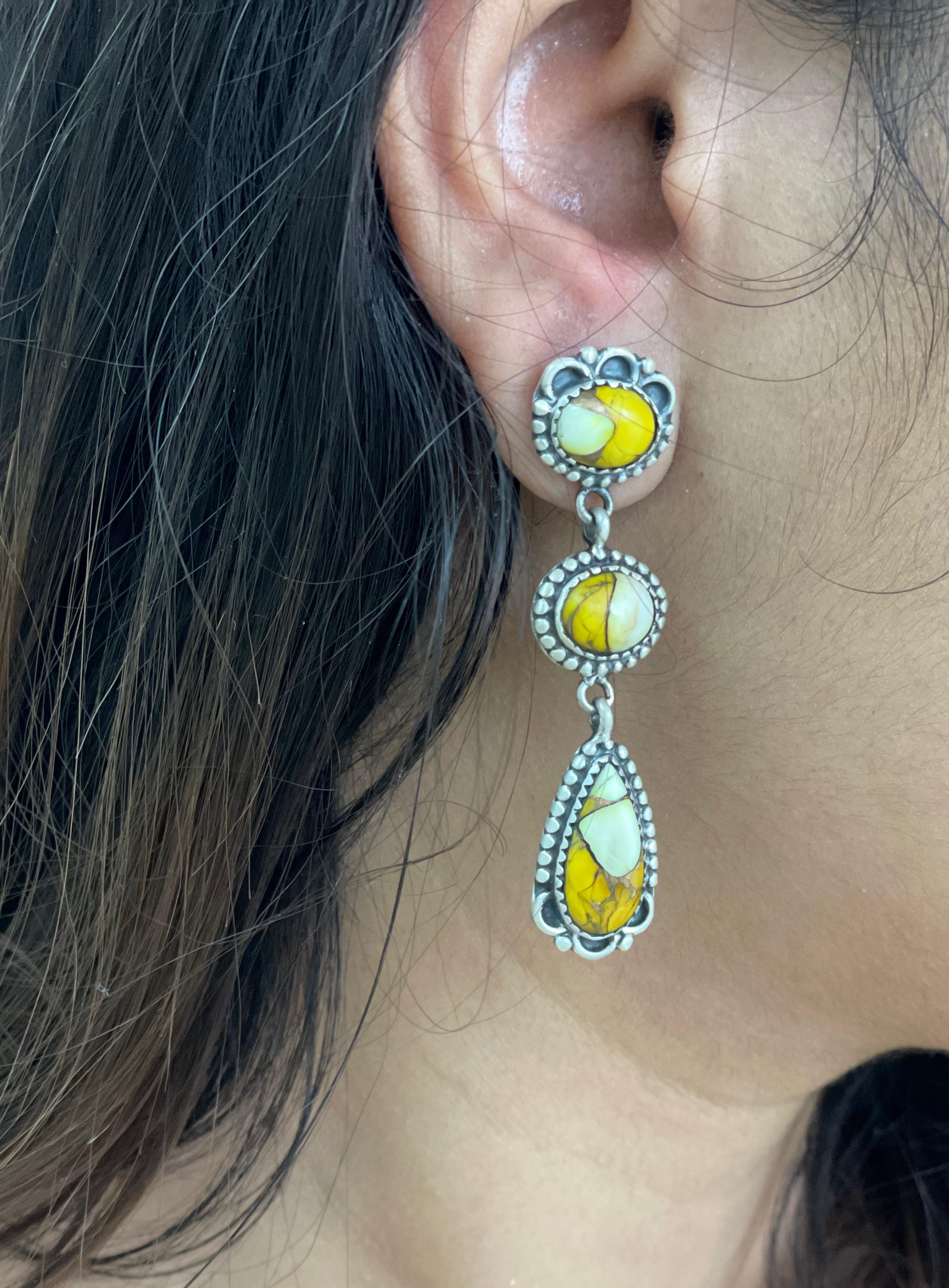 Handmade Sterling Silver Honey Dahlia Post Dangle Earrings with Signed Nizhoni