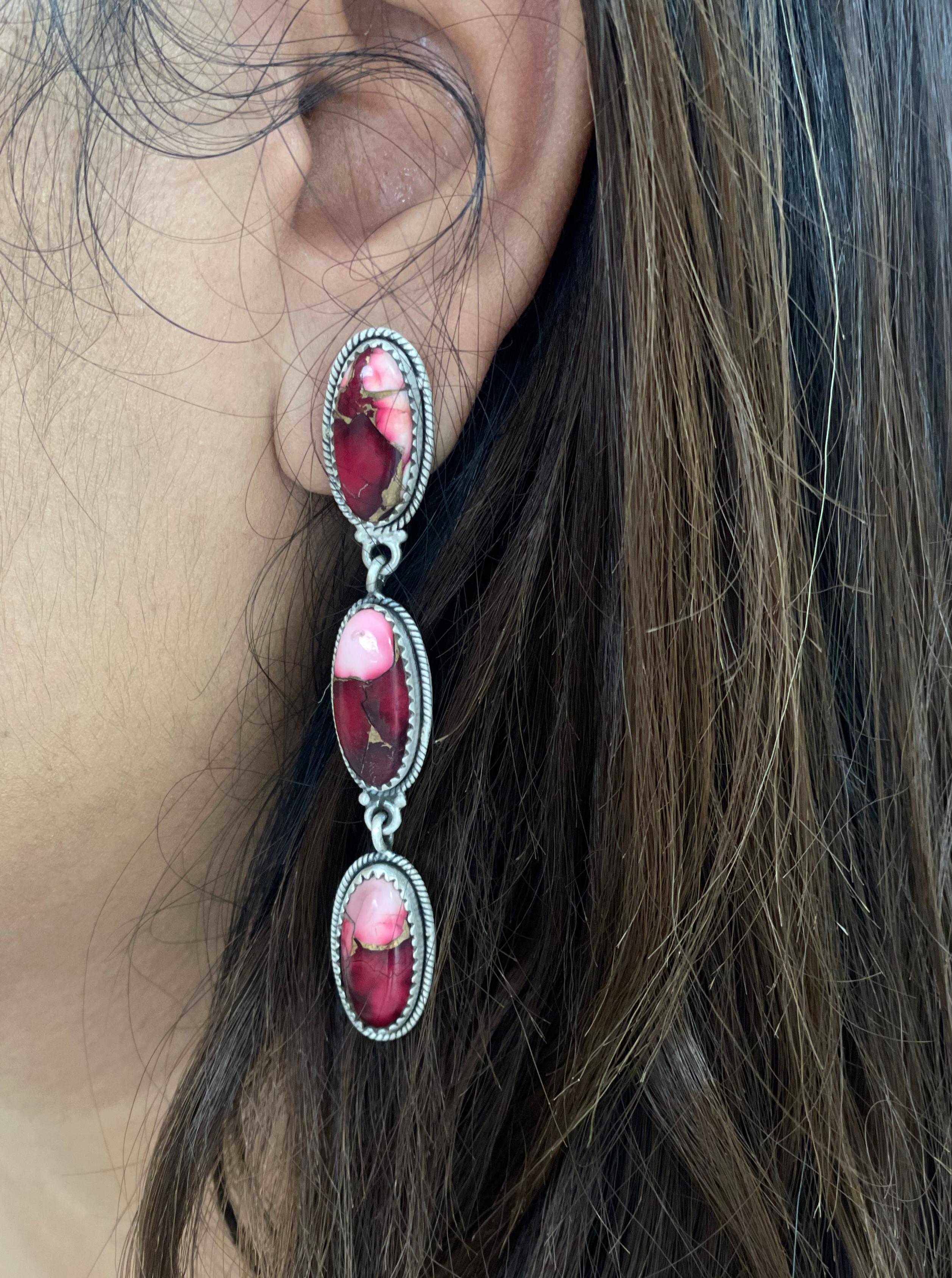 Handmade Sterling Silver Dahlia Rose Post Dangle Earrings with Signed Nizhoni