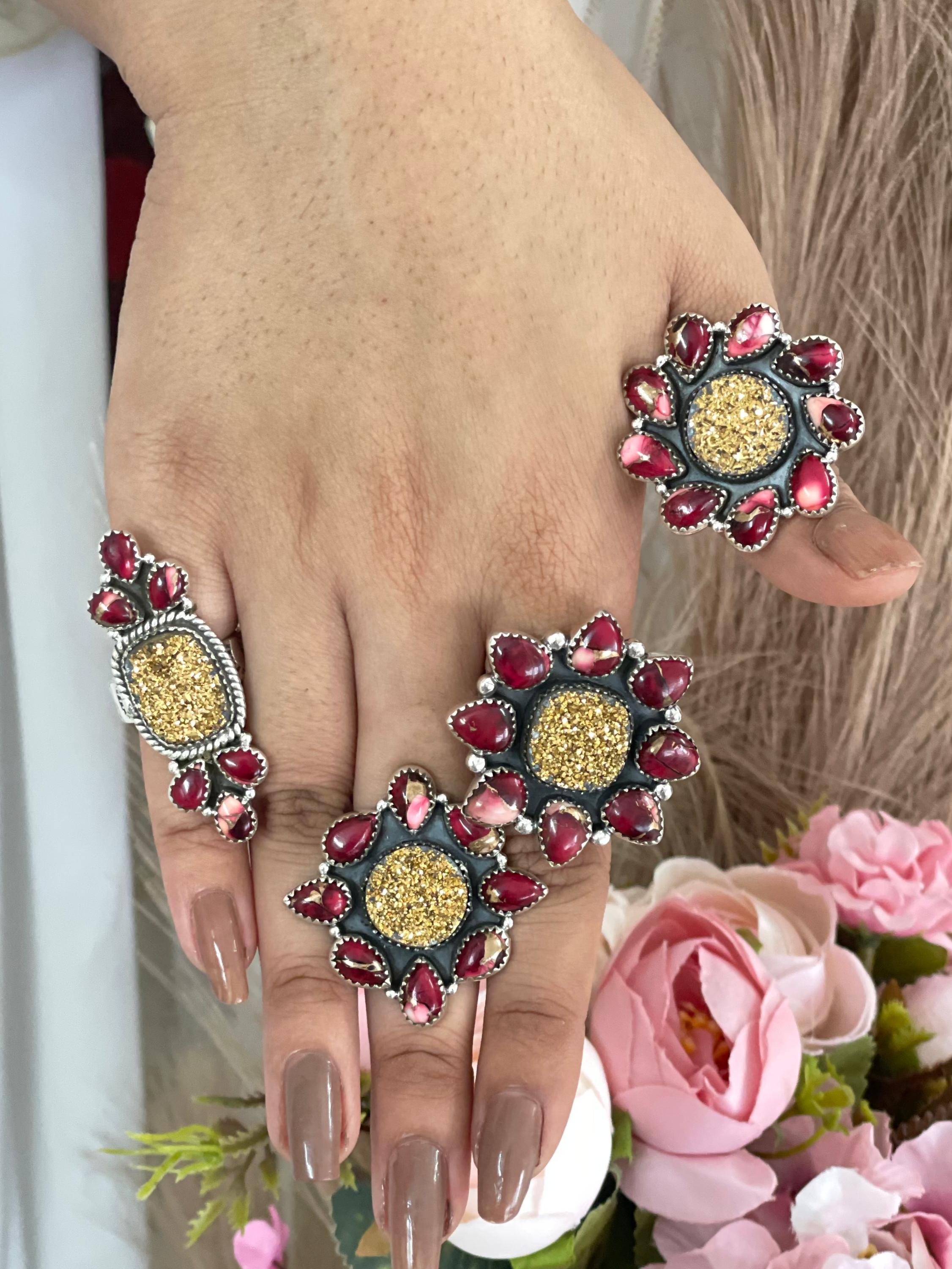 Handmade Sterling Silver Dahlia Rose with Druzy Adjustable Ring, Signed Nizhoni (8)