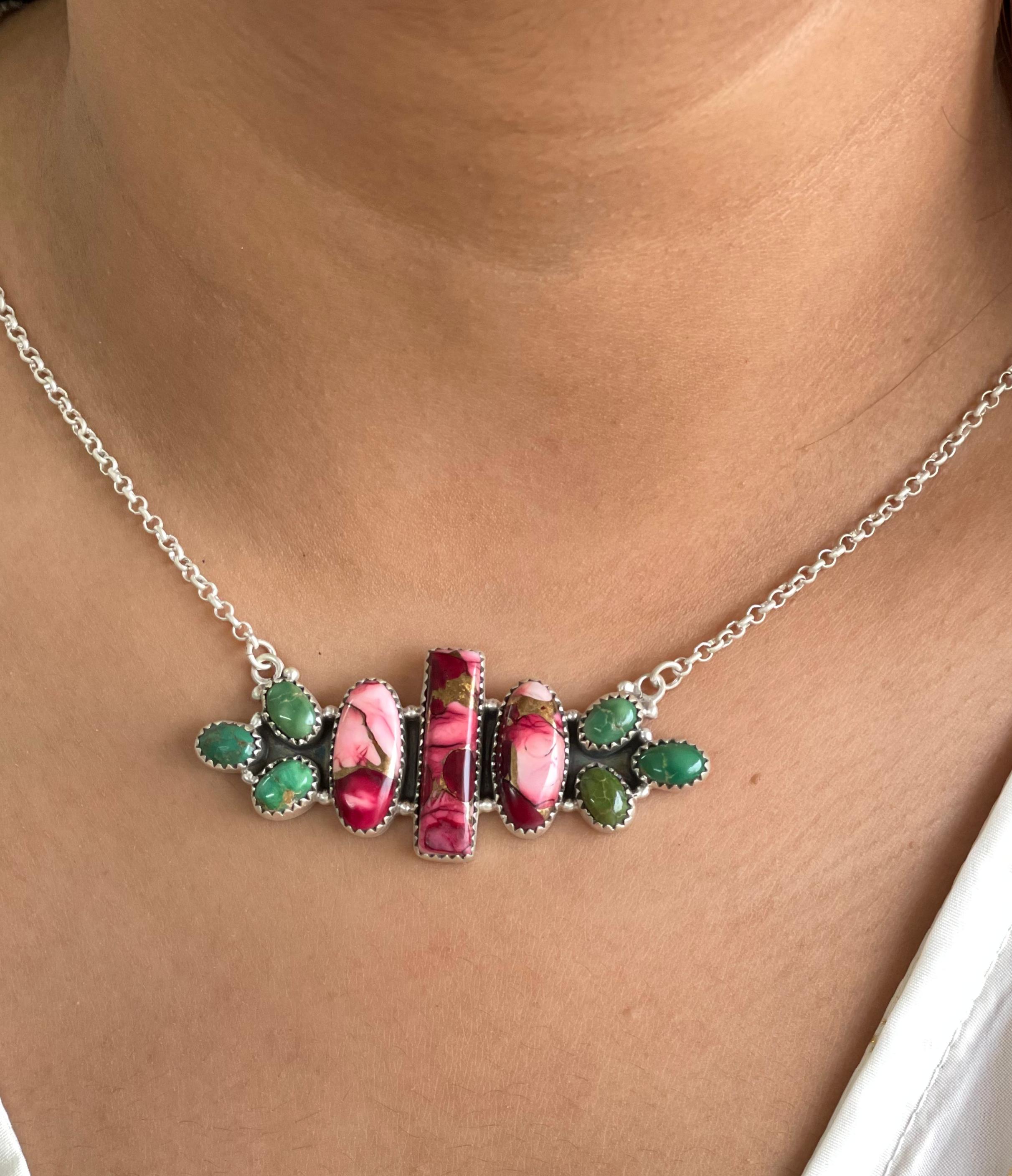 Handmade Sterling Silver Dahlia Rose with Emerald Valley Necklace with Signed Nizhoni