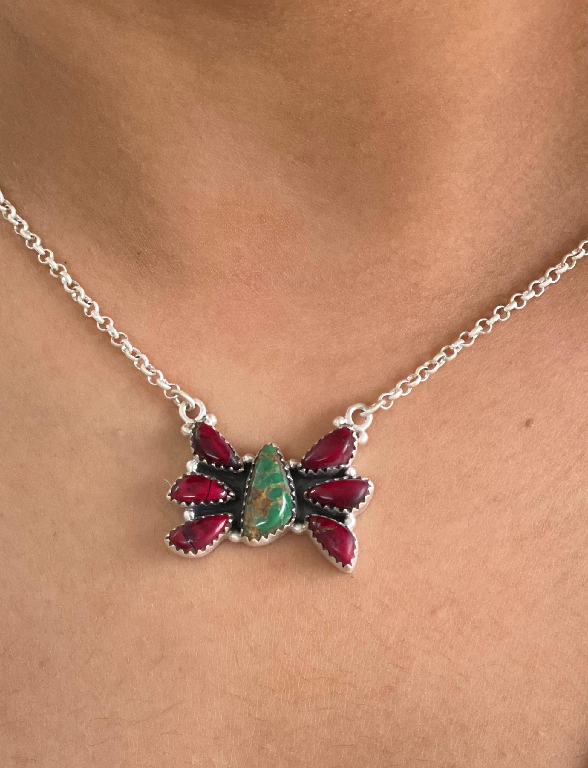 Handmade Sterling Silver Dahlia Rose with Emerald Valley Butterfly Necklace with Signed Nizhoni