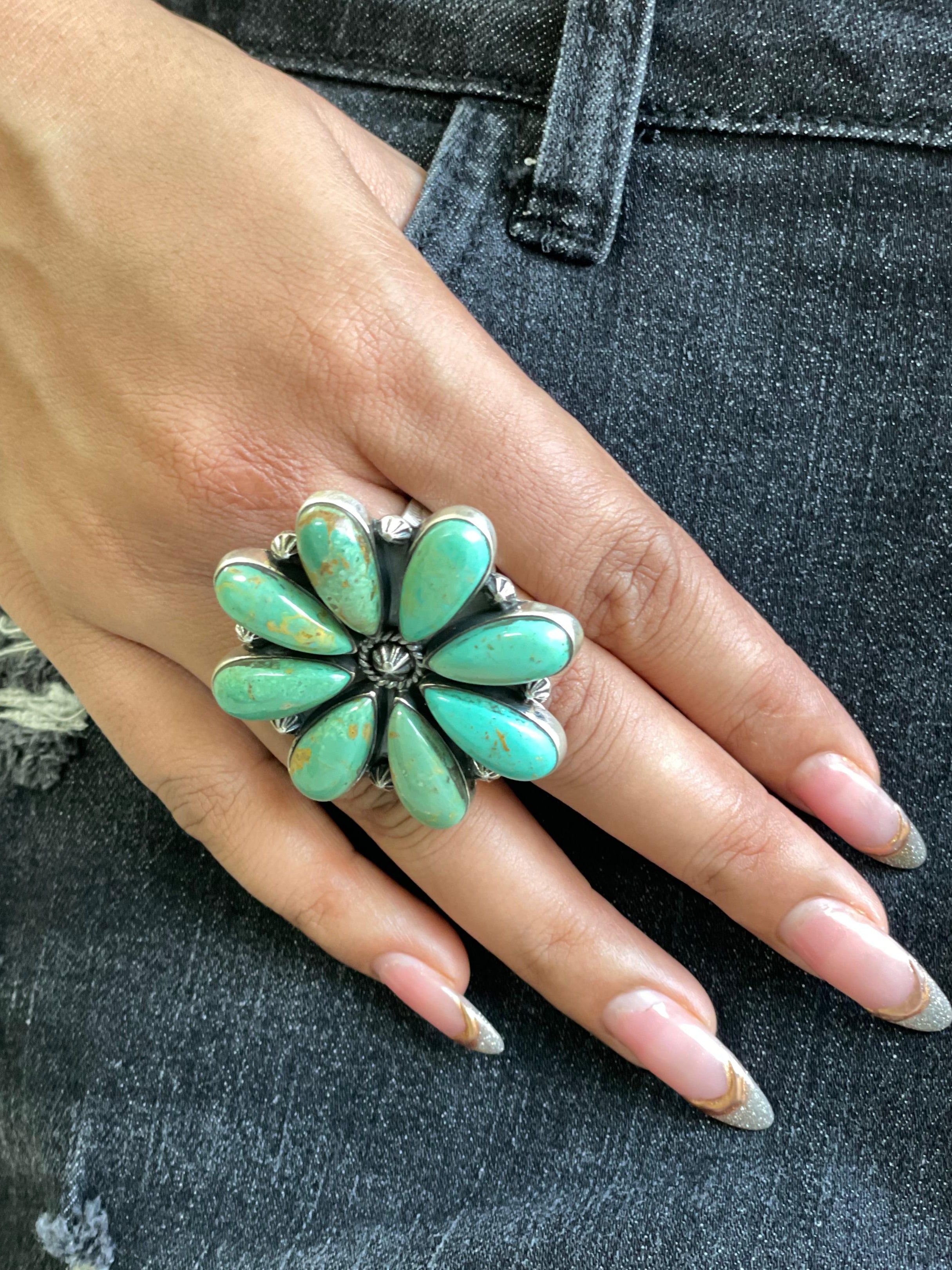 Handmade Sterling Silver Kingman Turquoise Adjustable Ring with Signed Nizhoni