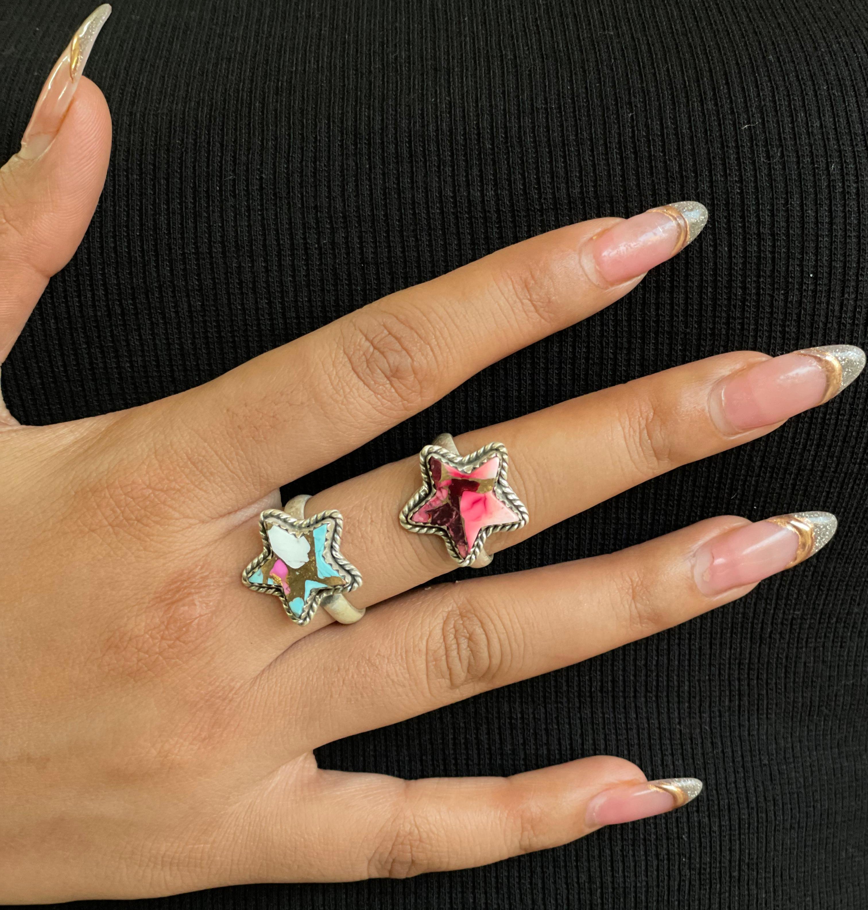 Handmade Sterling Silver Dahlia Rose, Cotton Candy Turquoise Adjustable Ring with Signed Nizhoni (2)