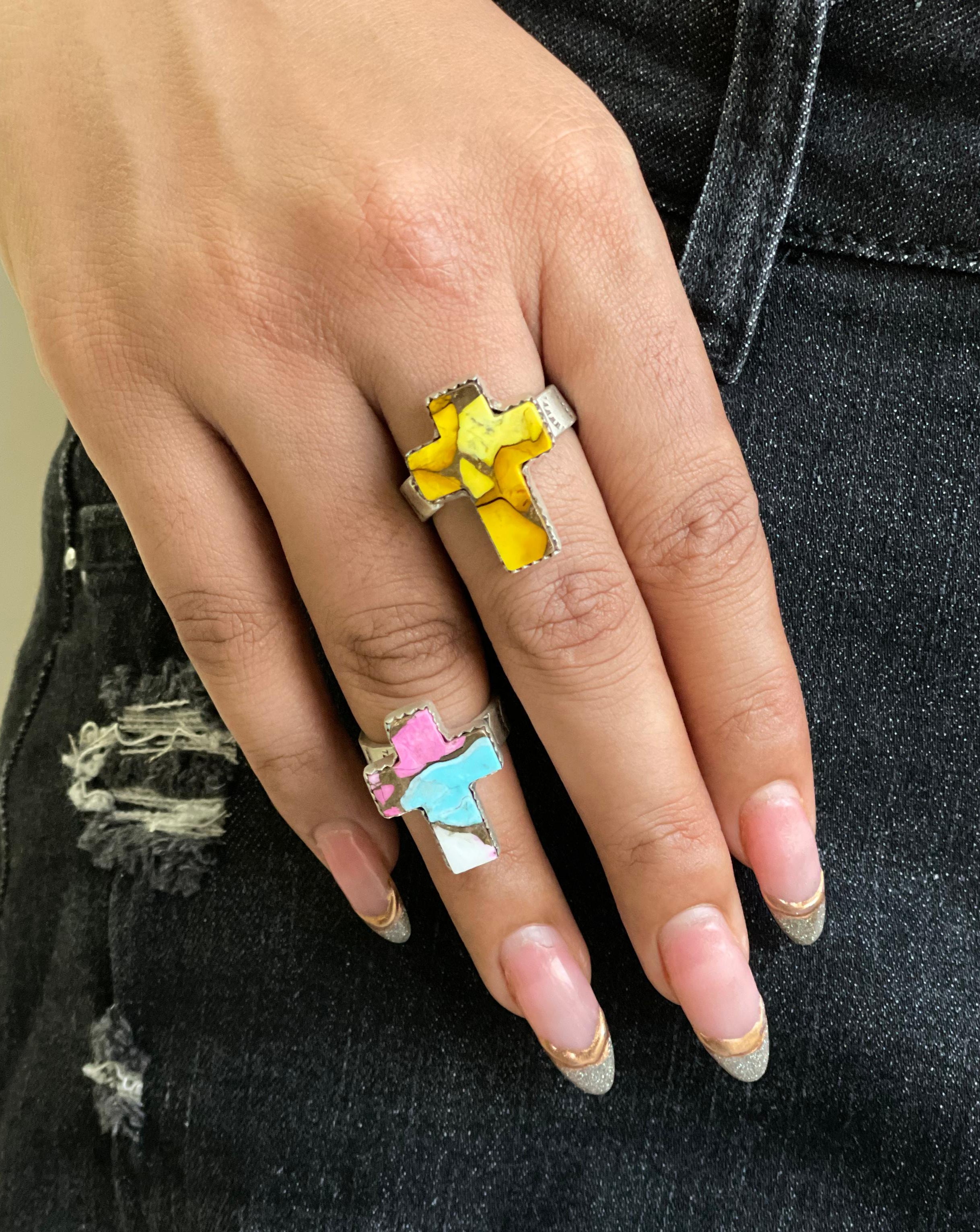 Handmade Sterling Silver Honey Dahlia, Cotton Candy Turquoise Cross Adjustable Ring with Signed Nizhoni