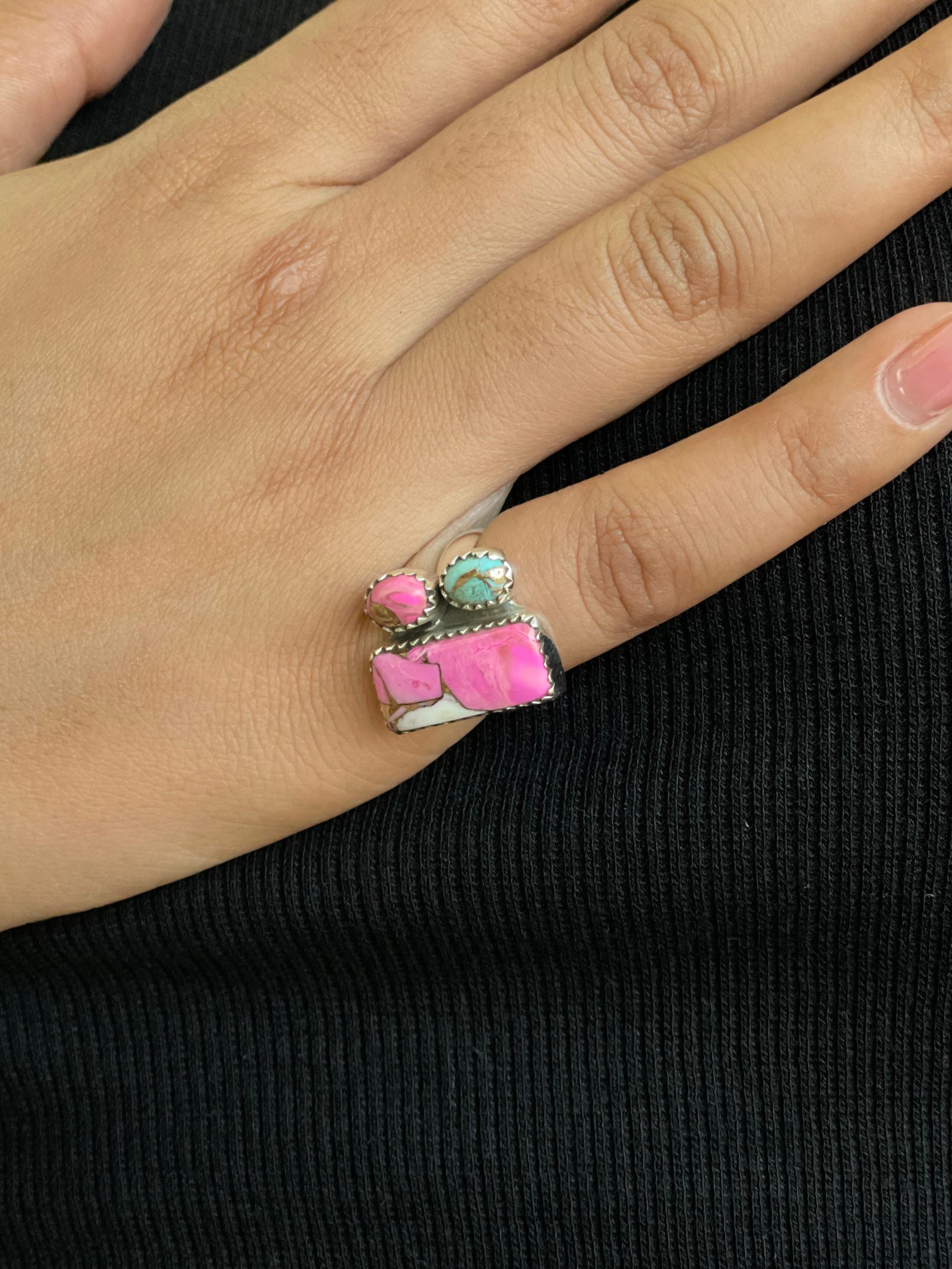 Handmade Sterling Silver Cotton Candy Turquoise Adjustable Ring with Signed Nizhoni